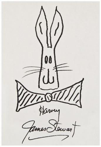 STEWART, James (Jimmy). Autograph drawing.: STEWART, James (Jimmy). Autograph drawing.[N.p.: n.d.] Autograph on single sheet drawing of Harvey signed "James Stewart" (5.5 x 8 in). In the 1950 film, Harvey was Stewart's invisible 6 foot