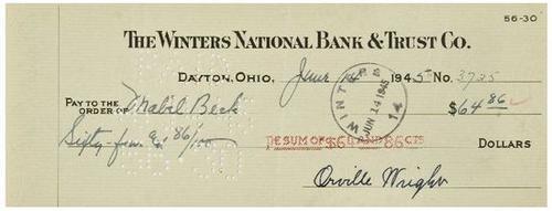 WRIGHT, Orville. Signed check.: WRIGHT, Orville. Signed check.Dayton, Ohio: 14 June 1945. Check signed "Orville Wright" made out to Mabel Beck (Wright's secretary) in the amount of $64.86. Punctures where cancelled. With a s