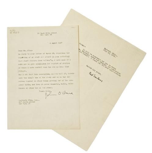 [AUTOGRAPHS] American Writers Carl Sandburg & John: [AUTOGRAPHS] American Writers Carl Sandburg & John O'Hara.1) JOHN O'HARA. Typed letter signed. 2 April 1947. Letter to Mr. Fles regarding reprints short stories. 2) CARL SANDBURG. 10 July