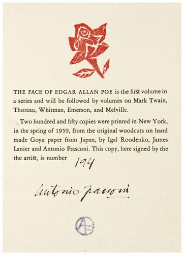 FRASCONI, Antonio (illustrator). Group of four tit: FRASCONI, Antonio (illustrator). Group of four titles.1) 4 of the 6 titles from the Homages series: Poe, Thoreau, Whitman, Emerson. New York: The Spiral Press, 1959-1960-1965; Kelly-Win