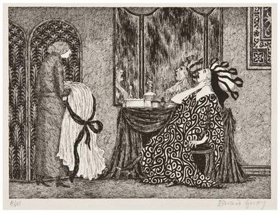 GOREY, Edward (1925-2000) While dressing, Gertrudi: GOREY, Edward (1925-2000) While dressing, Gertrudis Callosidaddipped into a box: of candied violets from an unknown admirer... Silkscreen print, c. 1975, SIGNED BY EDWARD GOREY IN PENCIL. Image