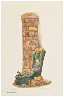 GOREY, Edward (1925-2000) Signed print: GOREY, Edward (1925-2000) Signed printA signed print in color depicting a man reading in a library with several cats (305 x 200 mm). SIGNED BY GOREY, NUMBER 624 OF 750 COPIES. 