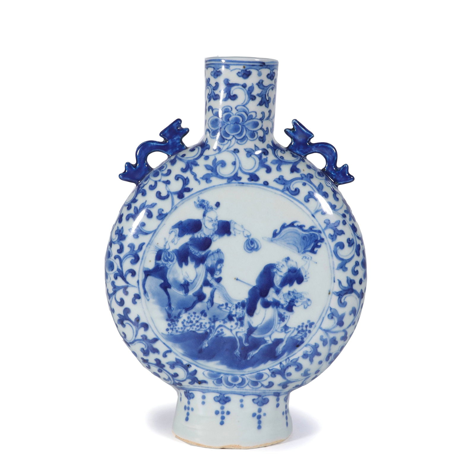 Blue - and - White Porcelain Moon Flask with Figure Scene: H:25cm W:17cm This is a blue - and - white porcelain moon flask. It has a flattened, circular body with two decorative handles. The flask is adorned with intricate blue patterns, including a central s