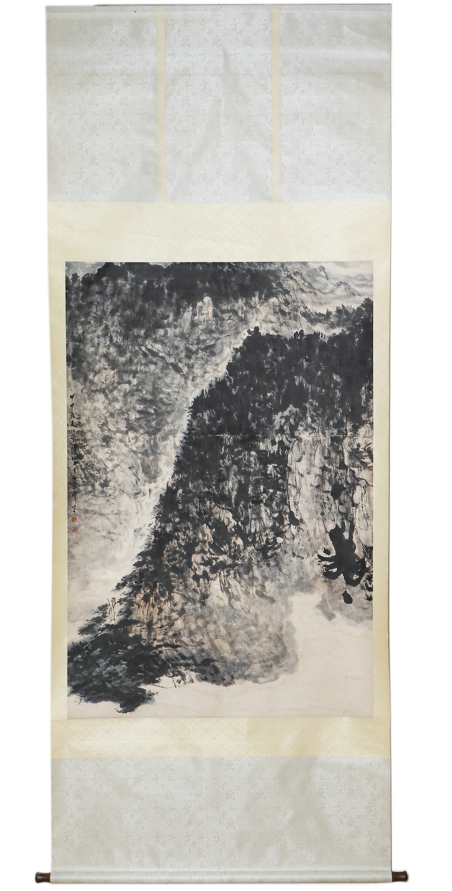 Landscape Painting by Fu Baoshi: H?140cm W?95cm This is a landscape painting by Fu Baoshi. The work employs traditional Chinese ink - wash techniques, with bold and vigorous brushstrokes depicting towering mountains and a cascading w