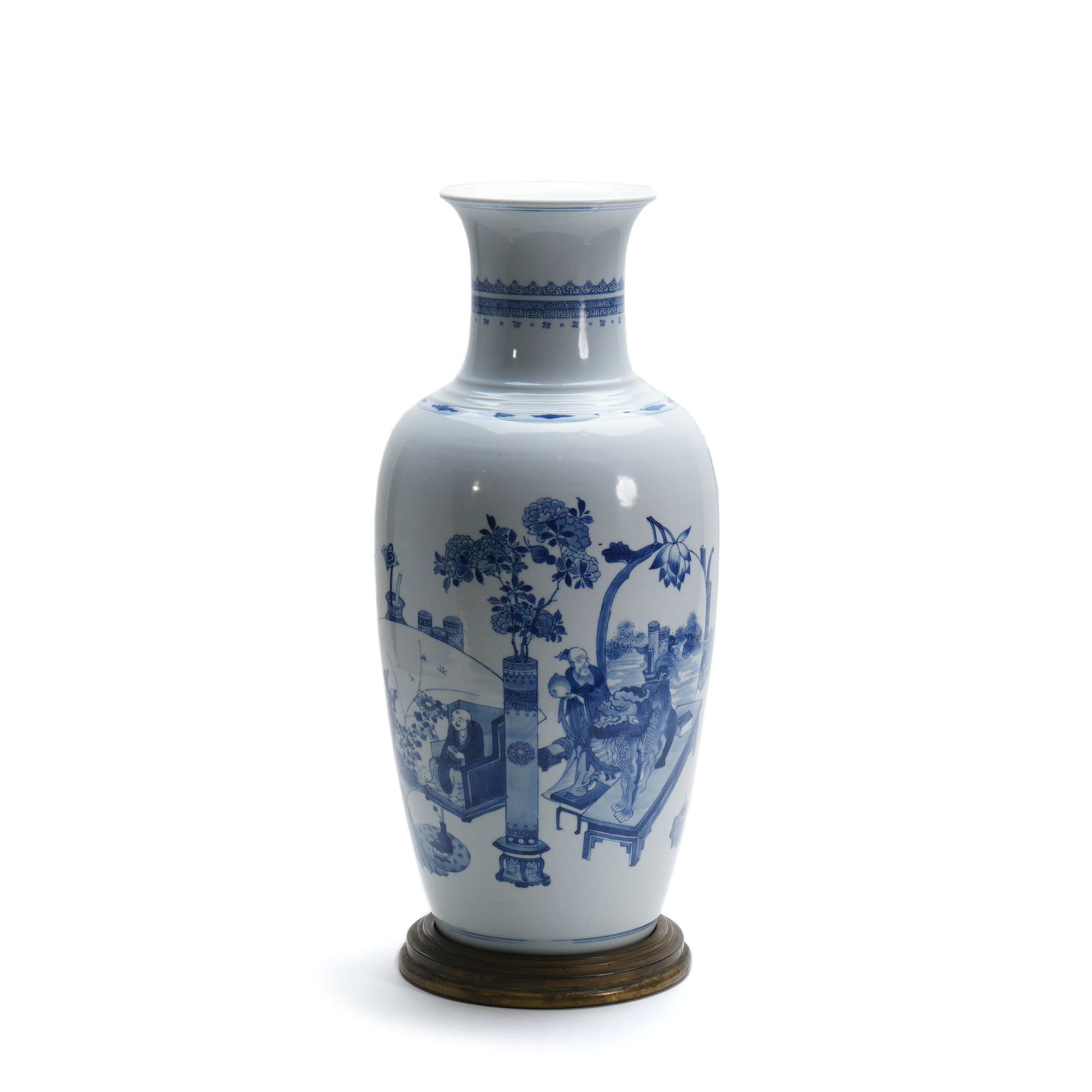 Qing Kangxi Blue-and-White Stick-Shaped Vase with Figure Story Pattern: H :48.5cm W :20cm This Qing Kangxi Blue-and-White Stick-Shaped Vase with Figure Story Pattern is a classic blue-and-white figure porcelain form of the Kangxi period; the later-added brass base enhance