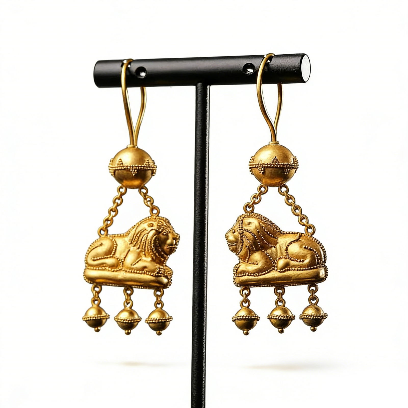 Gold Earrings with Lion Granulation Relief: L :5.8cm W :2.2cm Weight :13.1g A pair of retro gold earrings with lion granulation relief, crafted in 18K gold with the traditional classic granulation technique, creating small and round gold