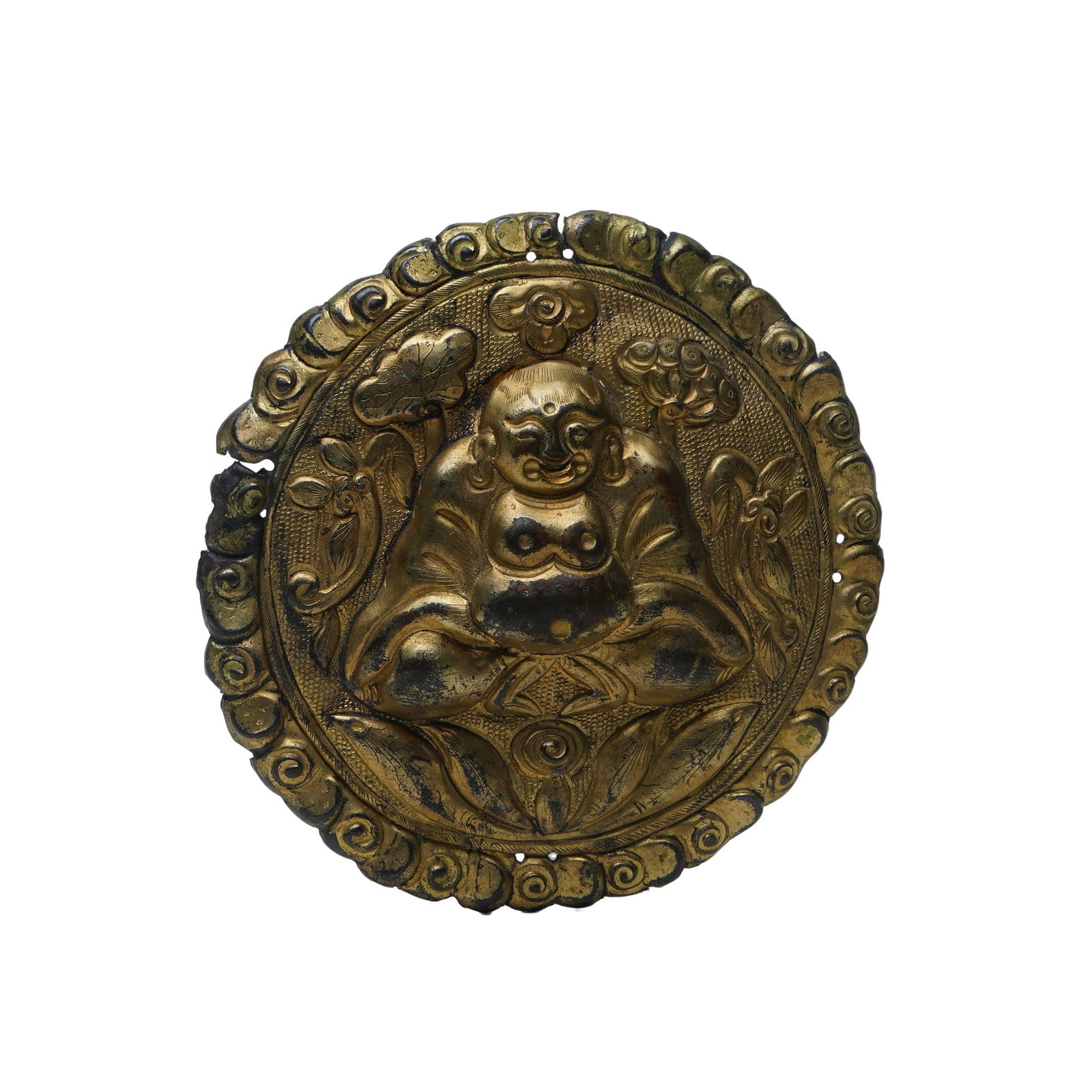 Qing Dynasty Gilt-Bronze Round Plaque with Maitreya Buddha Motif: D :7.7cm This round plaque is a Qing Dynasty gilt-bronze artefact, featuring a thick, lustrous layer of gold and a rich, natural patina. The centre of the plaque is decorated with a high-relief Maitre