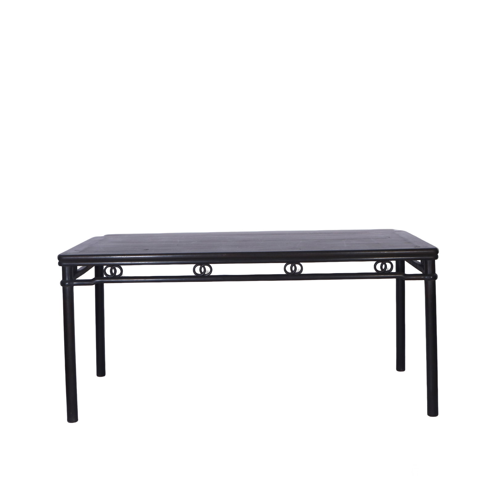 Qing Dynasty Zitan Console Table with Double-Ring Spandrels: L :180cm W :82cmH :82cm This is a Qing Dynasty console table crafted from small-leaf zitan (red sandalwood) using traditional mortise-and-tenon joinery. The wood is dense and heavy, featuring a deep,