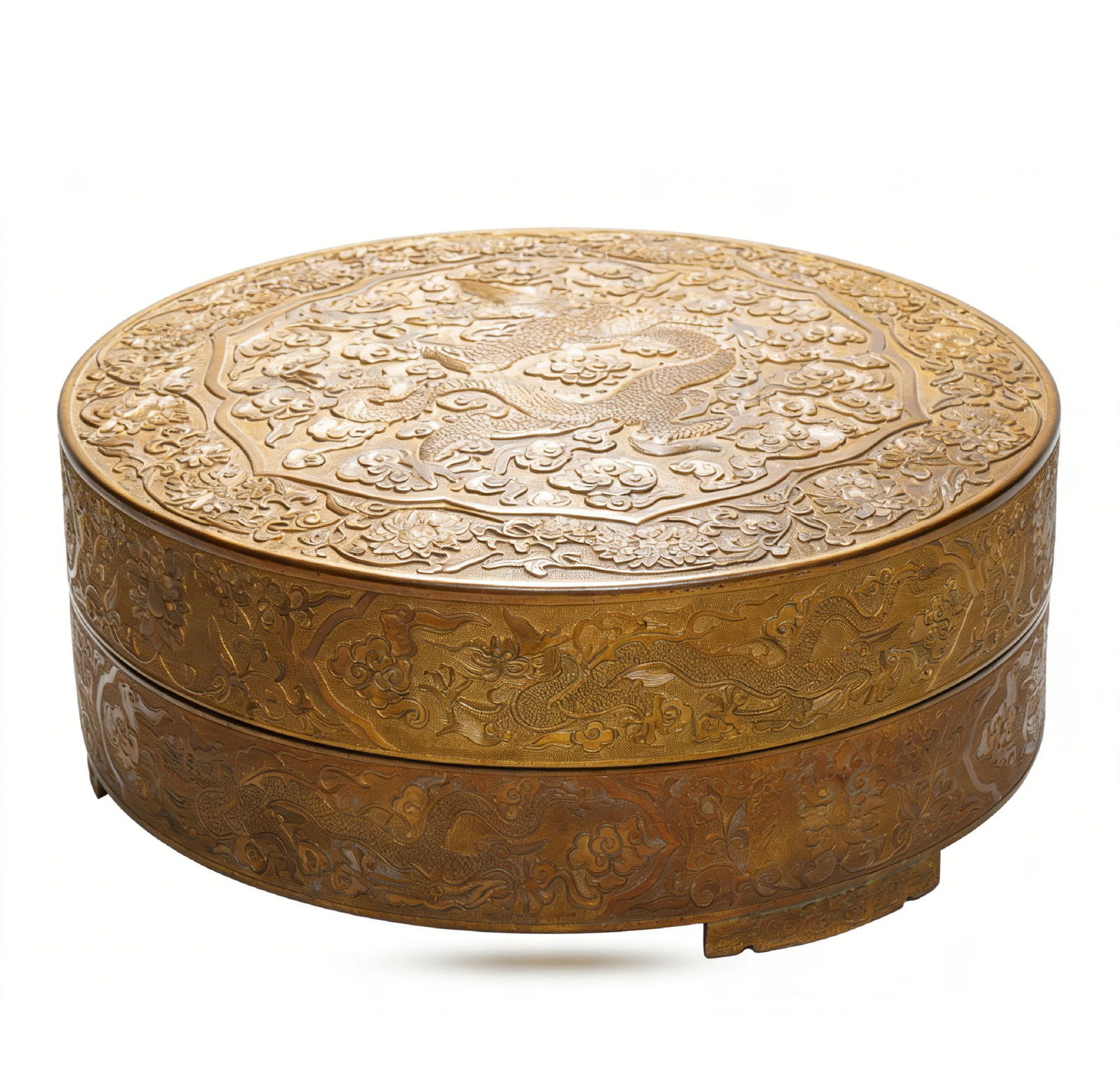 Qing Jiaqing Period Gilt-Bronze Dragon-Pattern Round Box: H :11cm W :28cm This Qing Jiaqing Period Gilt-Bronze Dragon-Pattern Round Box is a fine imperial display box. Fully gilt-bronze, the lid and body are densely carved with five-clawed dragon patterns an