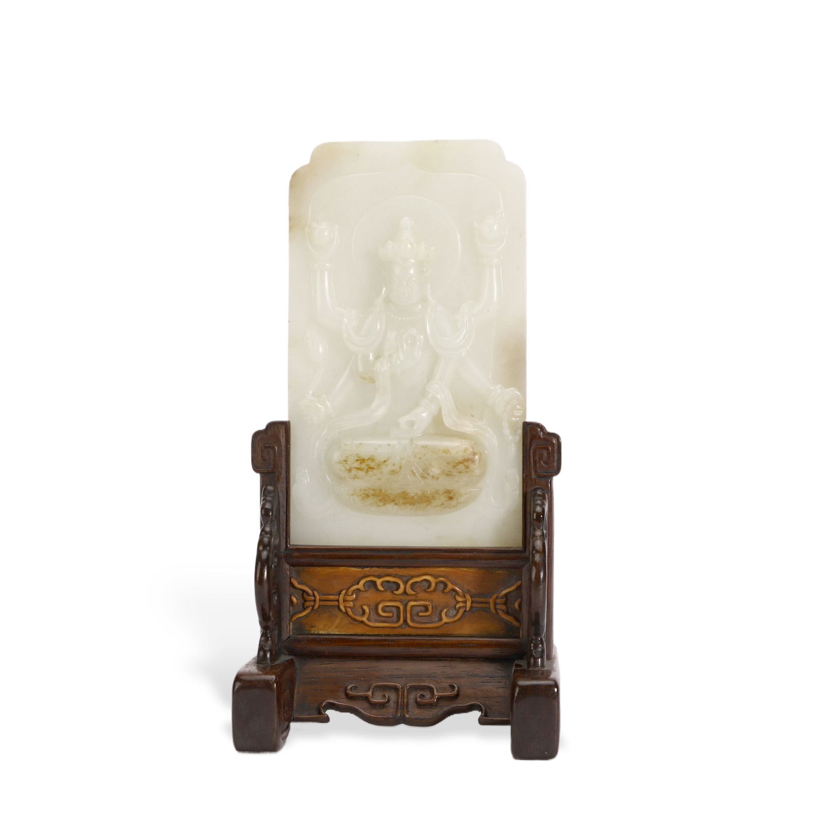 A Fine Qing Dynasty Jade Table Screen Carved with Six-Armed Guanyin (1 of 3)