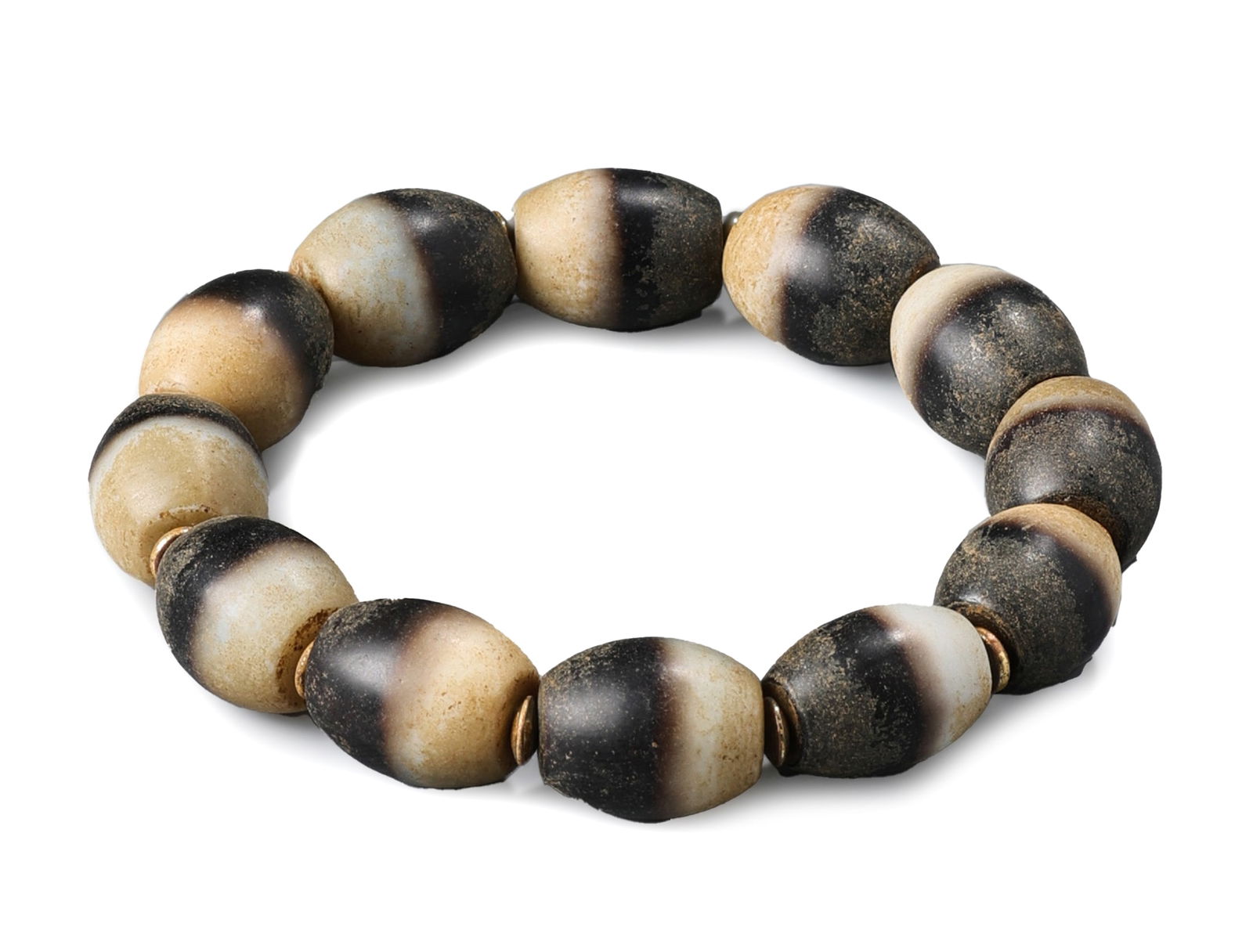 Antique Dzi Agate Lucky Energy Amulet Beaded Bracelet from Himalayan Region: An antique beaded bracelet from the Himalayan region, featuring traditional Dzi agate amulets. Weight :47 g