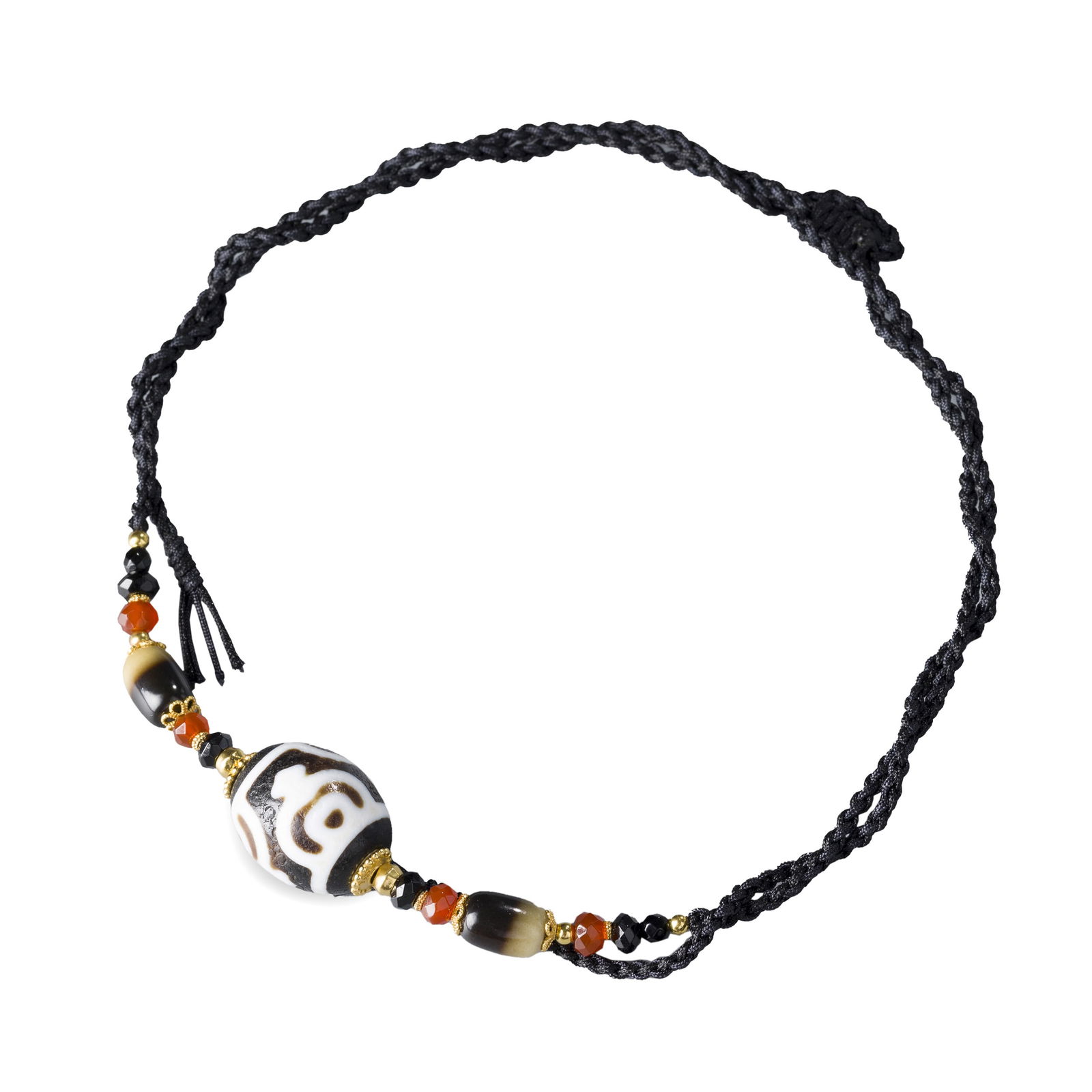 Tibetan Nectar Bottle Dzi Bead Necklace with Agate Beads: A beautiful Tibetan necklace featuring a Nectar Bottle Dzi bead along with other agate beads. The beads are carefully hand knotted on soft fabric for comfort and durability. The necklace Weight :19 g.