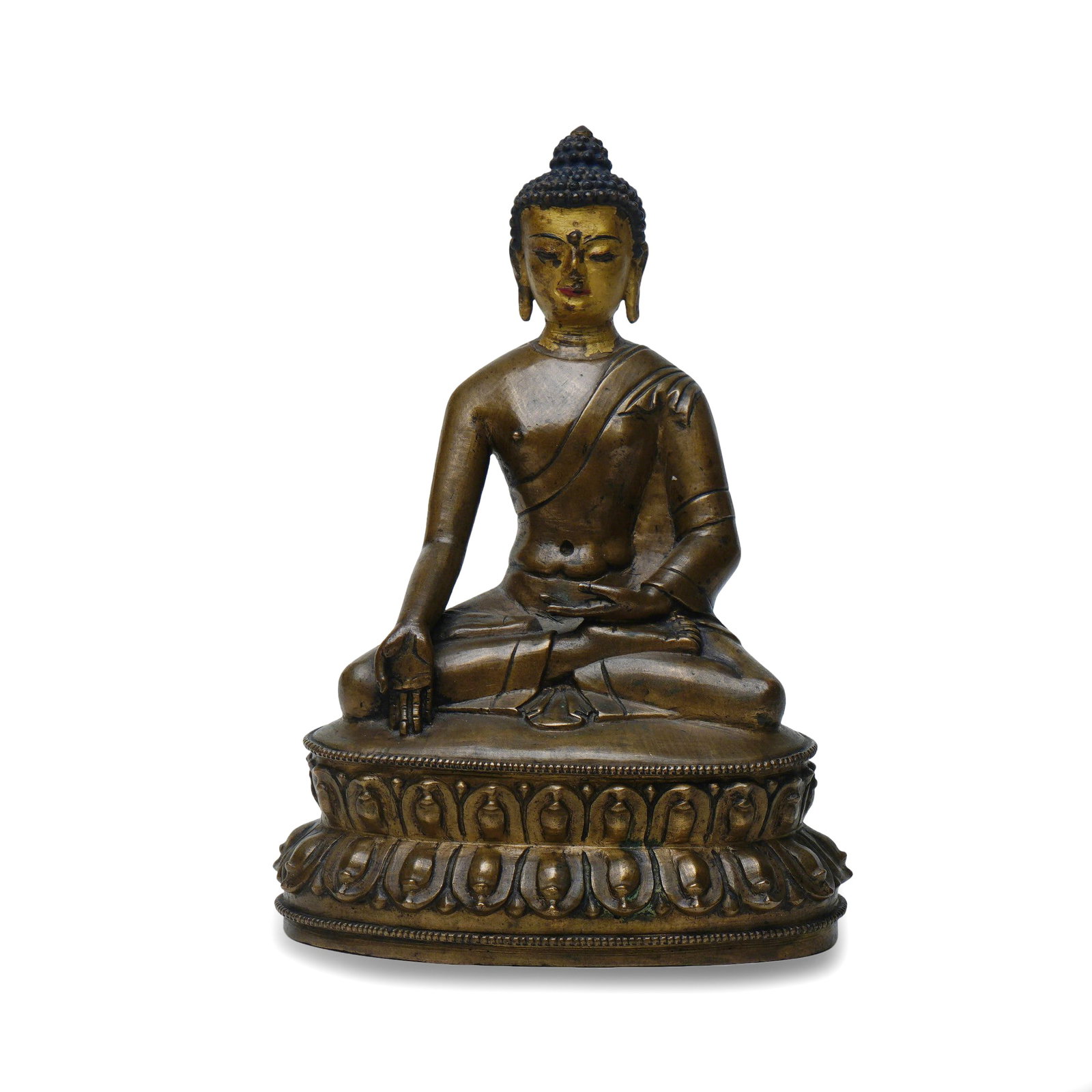 Qing Dynasty Bronze Seated Figure of Shakyamuni Buddha with Partial Gilding: H :18cm W :12cm This sculpture is a seated figure of Shakyamuni Buddha in the Sino-Tibetan style from the Qing Dynasty, cast primarily from fine bronze with only partial gilding on the face, featuring