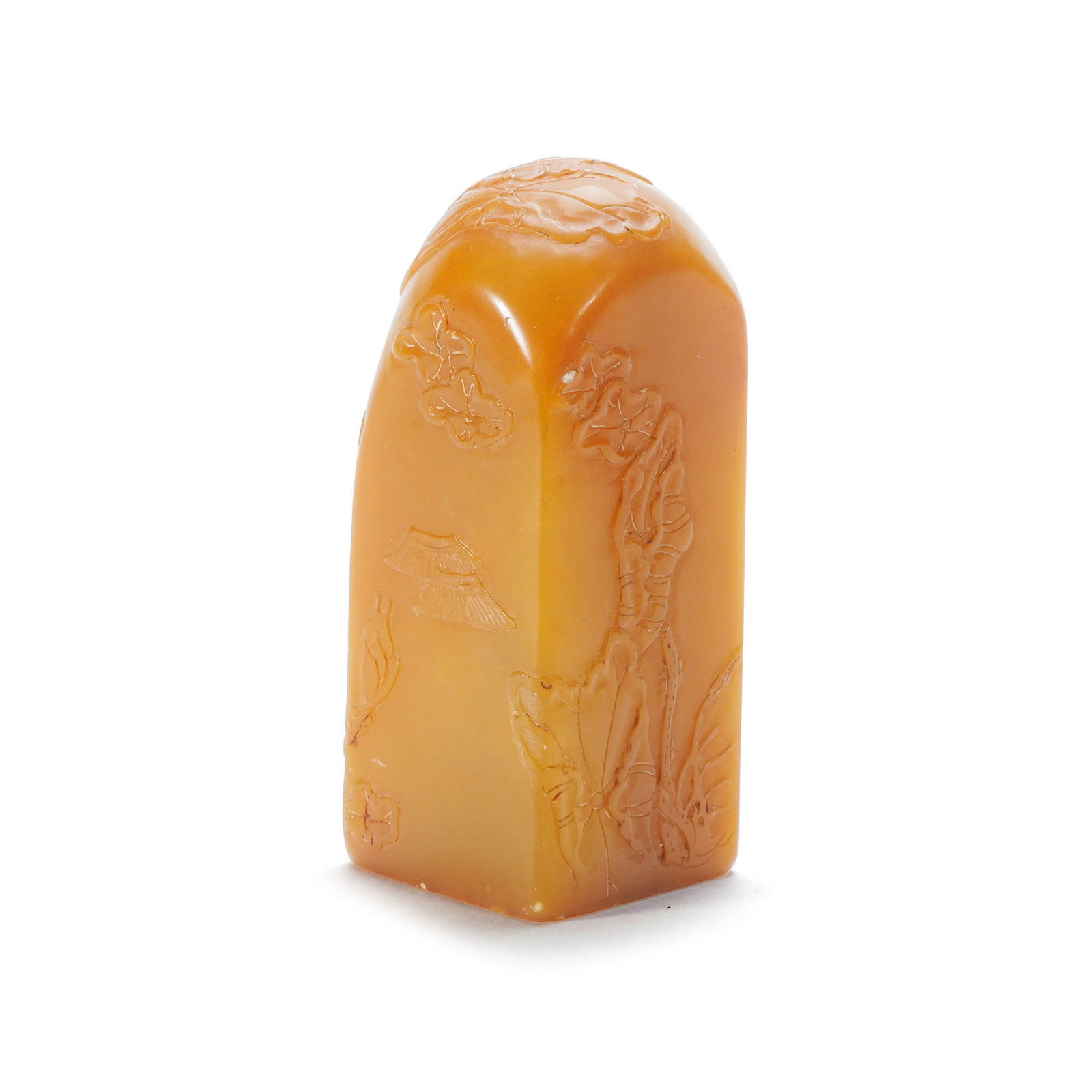 Tianhuang Stone Seal with Thin-Impression Landscape and Floral Patterns: H :6cm W :2.5cm This Tianhuang stone seal with thin-impression landscape and floral patterns features exquisite and elegant craftsmanship. Made of Tianhuang stone, it adopts thin-impression technique