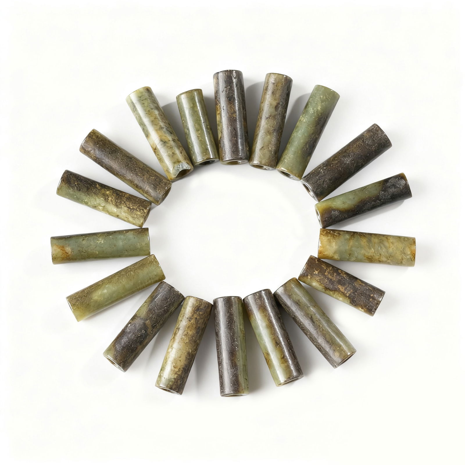 Group of Ancient Chinese Western Zhou Dynasty Cylindrical Jade Beads: Group of Ancient Chinese Western Zhou Dynasty Cylindrical Jade Beads 18pcs, Weight :58g