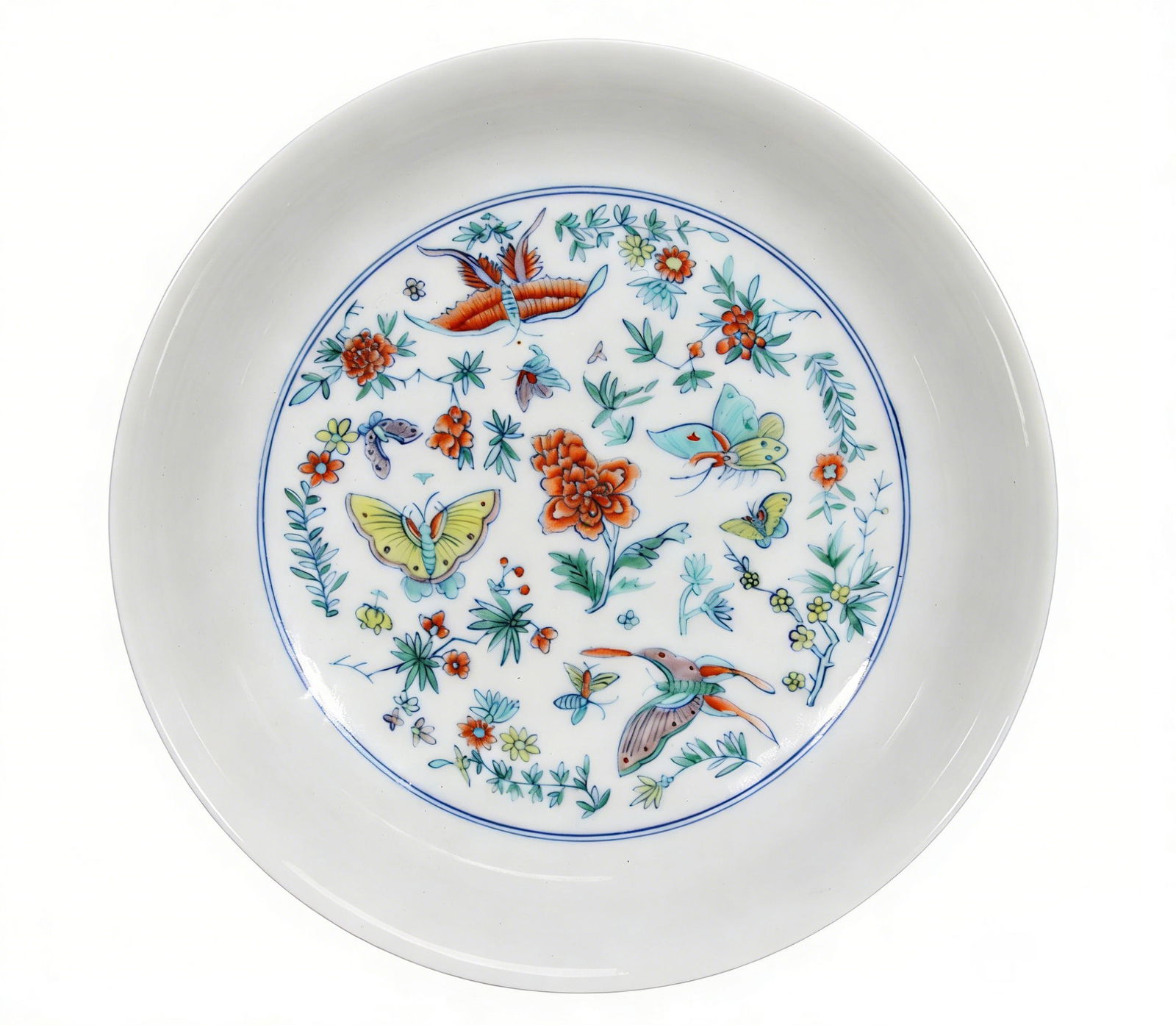 A Fine Chinese Doucai Porcelain Dish with Butterflies and Floral Decoration, Mark and Period of (1 of 2)