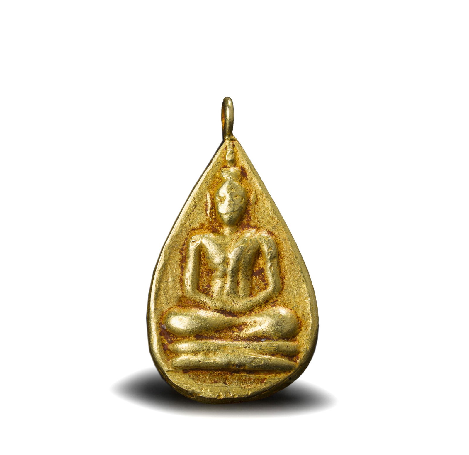Antique Southeast Asian 19K Gold Buddha Statue: Antique Southeast Asian Buddha statue crafted in 19K gold, weighing 4 grams. This finely detailed piece depicts the Buddha in a seated meditation pose and serves as both an amulet and a pendant.