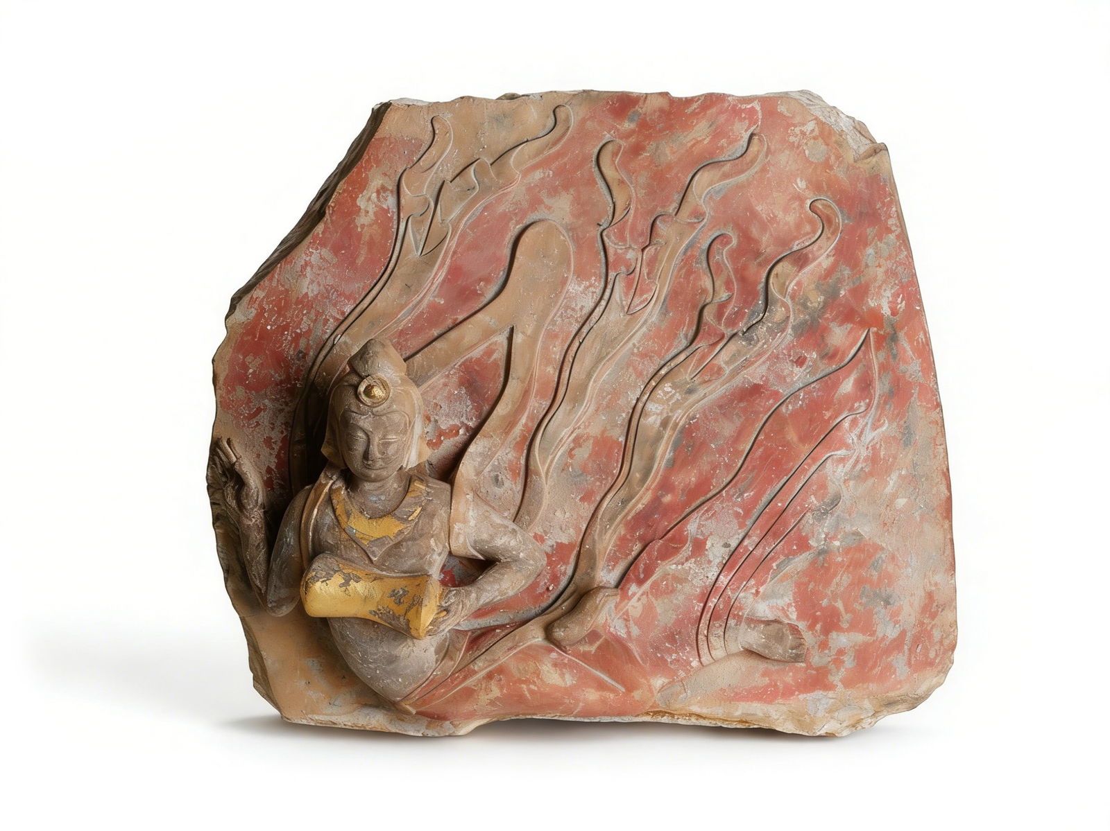 Tang Dynasty Painted and Gilt Stone Apsara Fragment: H :38cm W :42cm This Tang Dynasty Painted and Gilt Stone Apsara Fragment is exquisitely crafted. As a decorative component of Tang Dynasty Buddhist grottoes, it is made of stone with relief carving. T