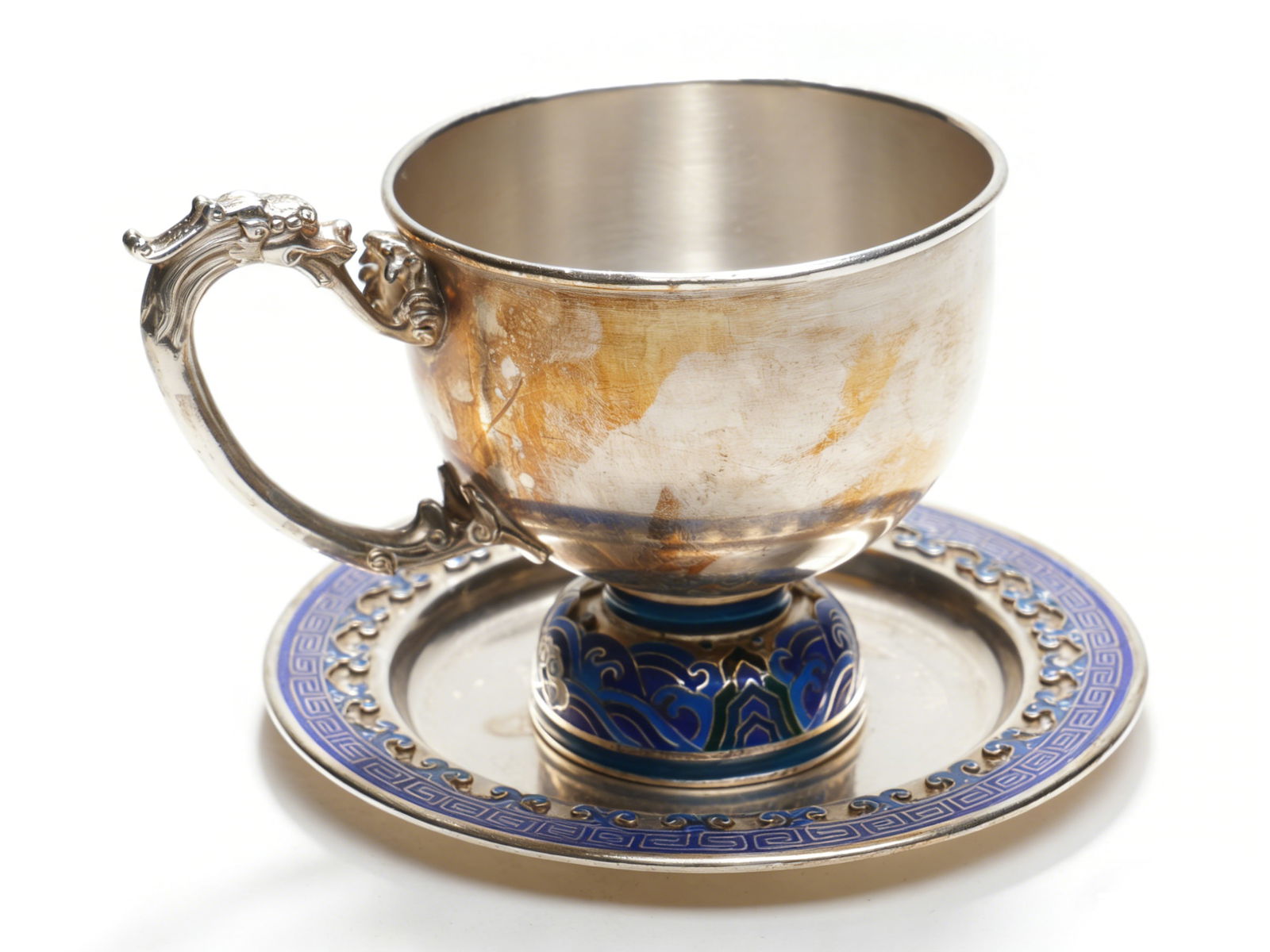 Qing Dynasty Silver-Inlaid Cloisonné Enamel Stem Cup & Saucer (1 of 3)