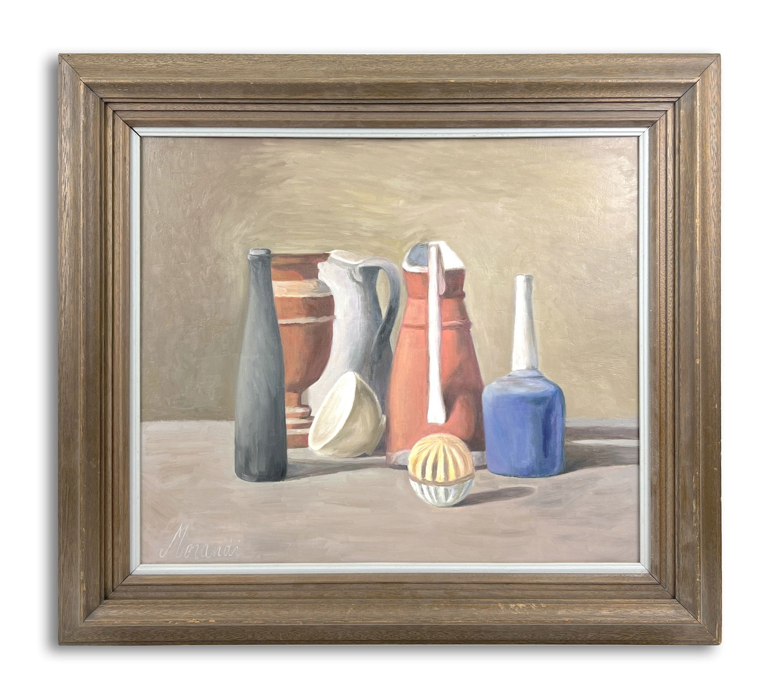 Giorgio Morandi (1890-1964), Attributed to, Oil on Canvas: Dimensions : 45.5 x 53 cm Signed lower left Provenance :THE LEFEVRE GALLERY London This is an intimate oil on canvas still life by Giorgio Morandi featuring his iconic study of commonplace objects. Th