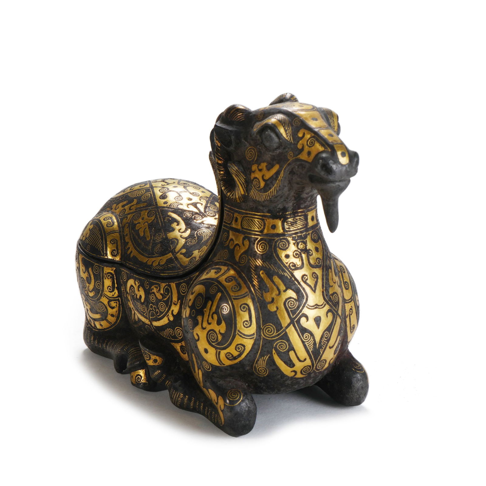 Gold and Silver-Inlaid Bronze Sheep-Shaped Box: H :11cmL :14cm W :5cm This Gold and Silver-Inlaid Bronze Sheep-Shaped Box features exquisite craftsmanship. Made of bronze, it adopts the gold and silver-inlay technique. The sheep shape is vivid and