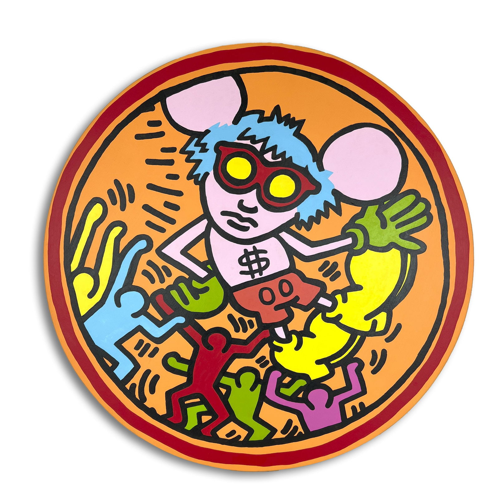 Keith Haring (1958-1990), Attributed to, Acrylic on Canvas: Diameter : 70 cm. Signed reverse. Provenance : B-1 Gallery Santa Monica California 1986; The Mayor Gallery London 2008. This dynamic circular painting is a striking example of Keith
