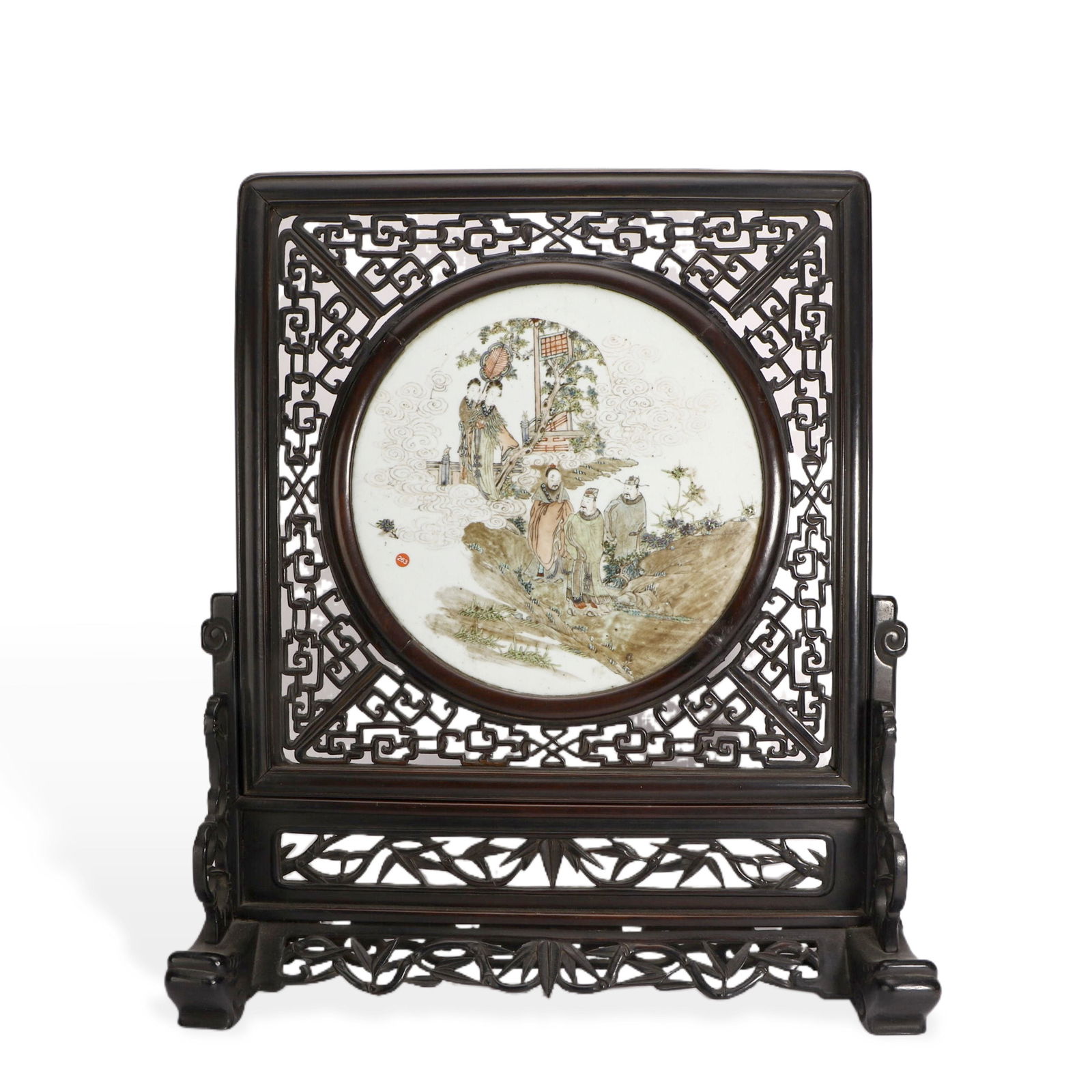 A Fine Qing Dynasty Qiangjiangcai Circular Porcelain Table Screen with Figural Narrative Scene (1 of 2)