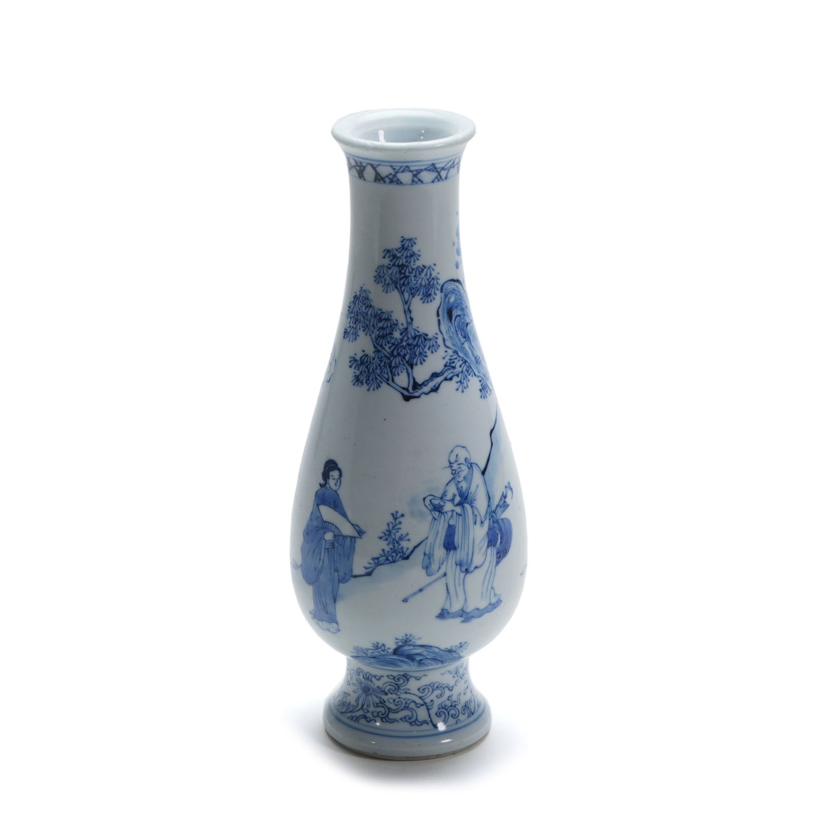 Qing Kangxi Blue-and-White Pipa Vase with Figure Story Pattern: H :25cm W :9cm This Qing Kangxi Blue-and-White Pipa Vase with Figure Story Pattern is a fine blue-and-white figure porcelain piece of the Kangxi period. It takes the pipa form with an open mouth, cons
