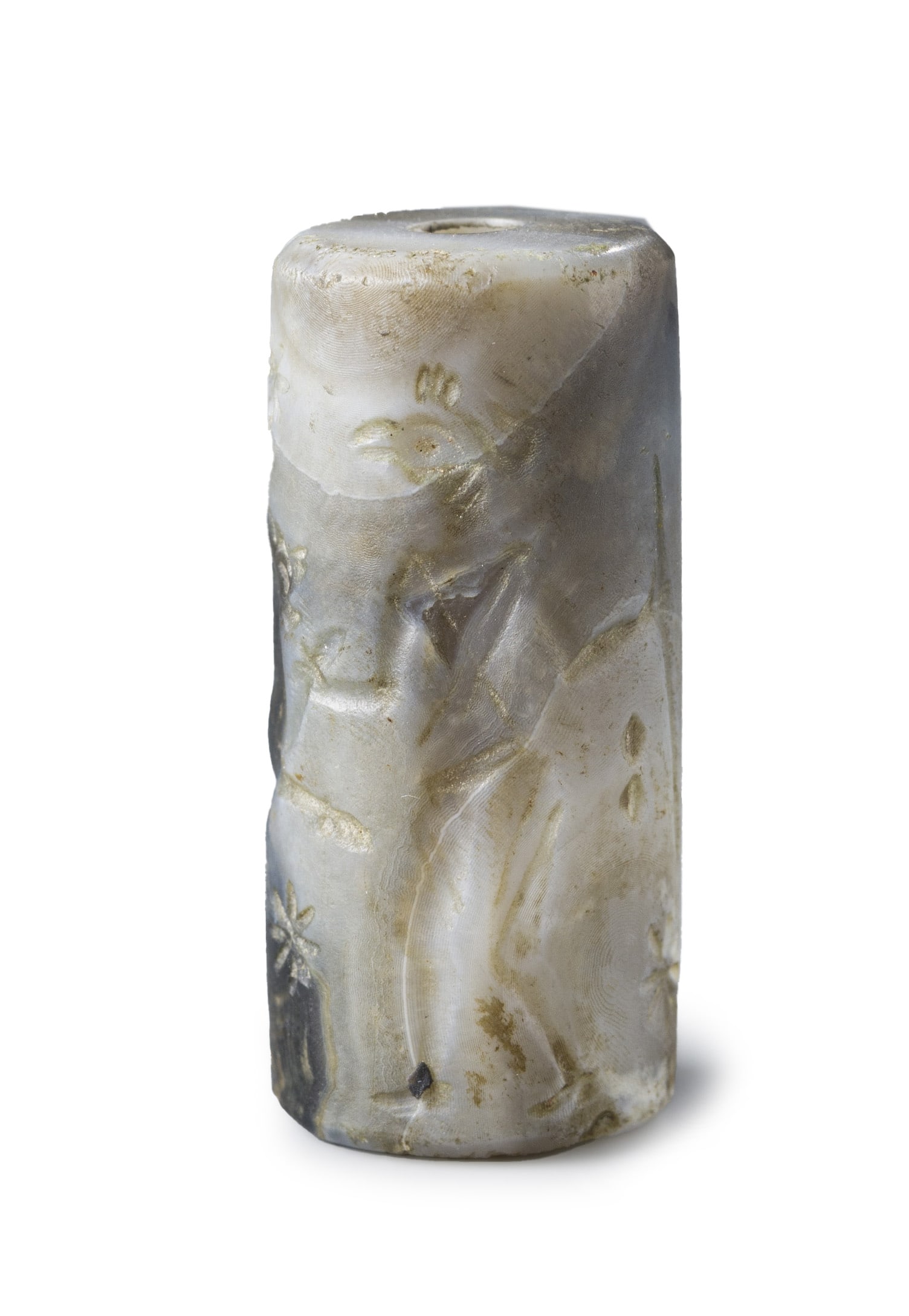 Achaemenid Near Eastern Banded Agate Cylinder Seal Bead – Carved Intaglio: This Achaemenid cylinder seal bead is crafted from banded agate, measuring about 1.4 x 3.1 cm and weighing 11 grams. It features finely carved intaglio designs typical of the period. To clearly show