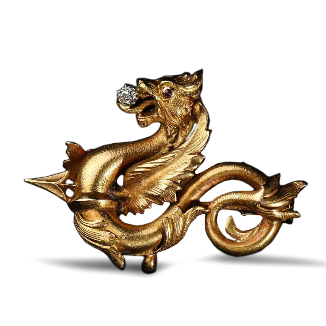 Art Nouveau Period (1880-1920), French Antique Chimera Dragon Gold Brooch (1 of 8)