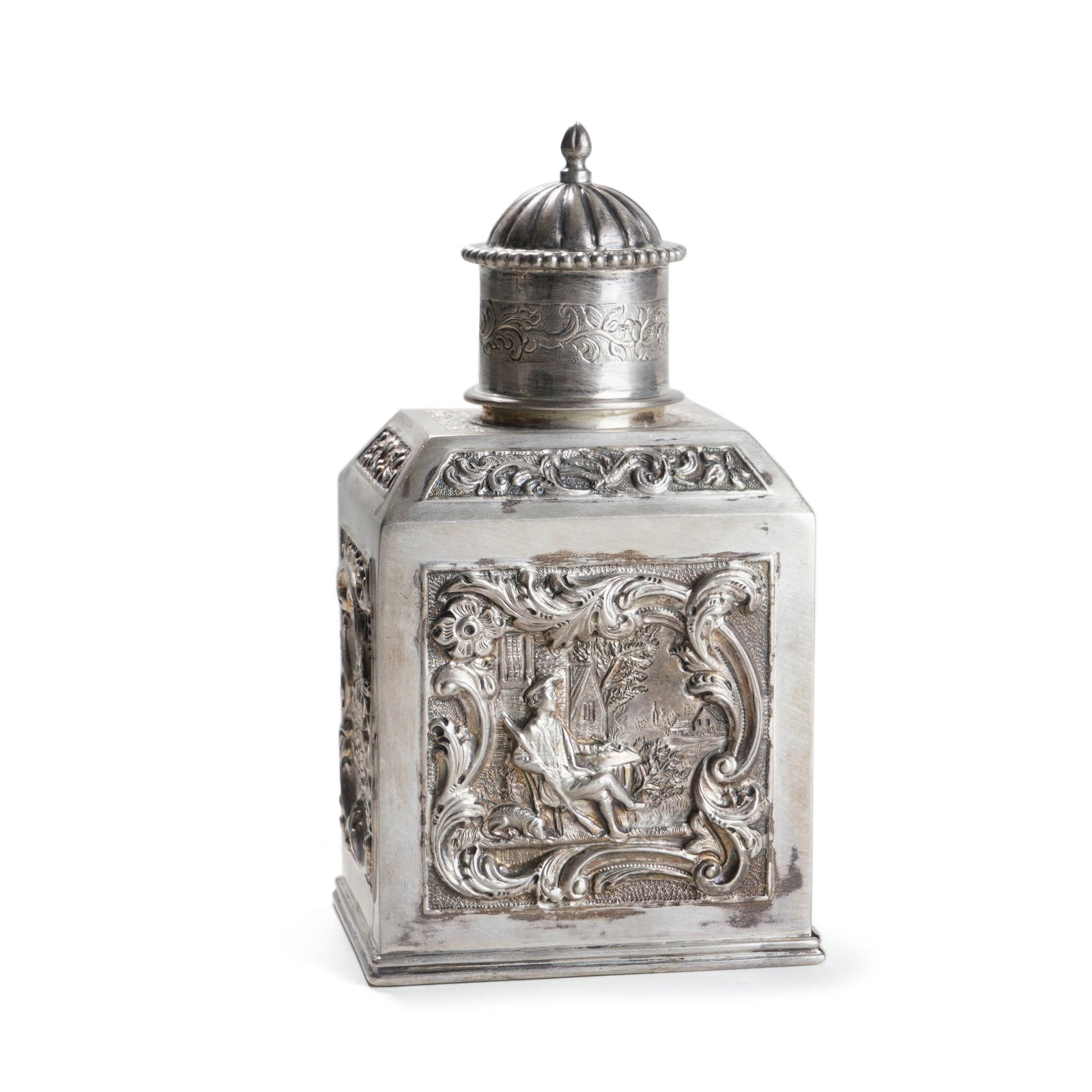 Silver Relief Square Lidded Jar with Figure Story Pattern: H :14cmL :7cm W :6cmWeight :187.2g This Republic of China Silver Relief Square Lidded Jar with Figure Story Patterns is exquisitely crafted. It has a square lidded jar shape, with pure silver and deli