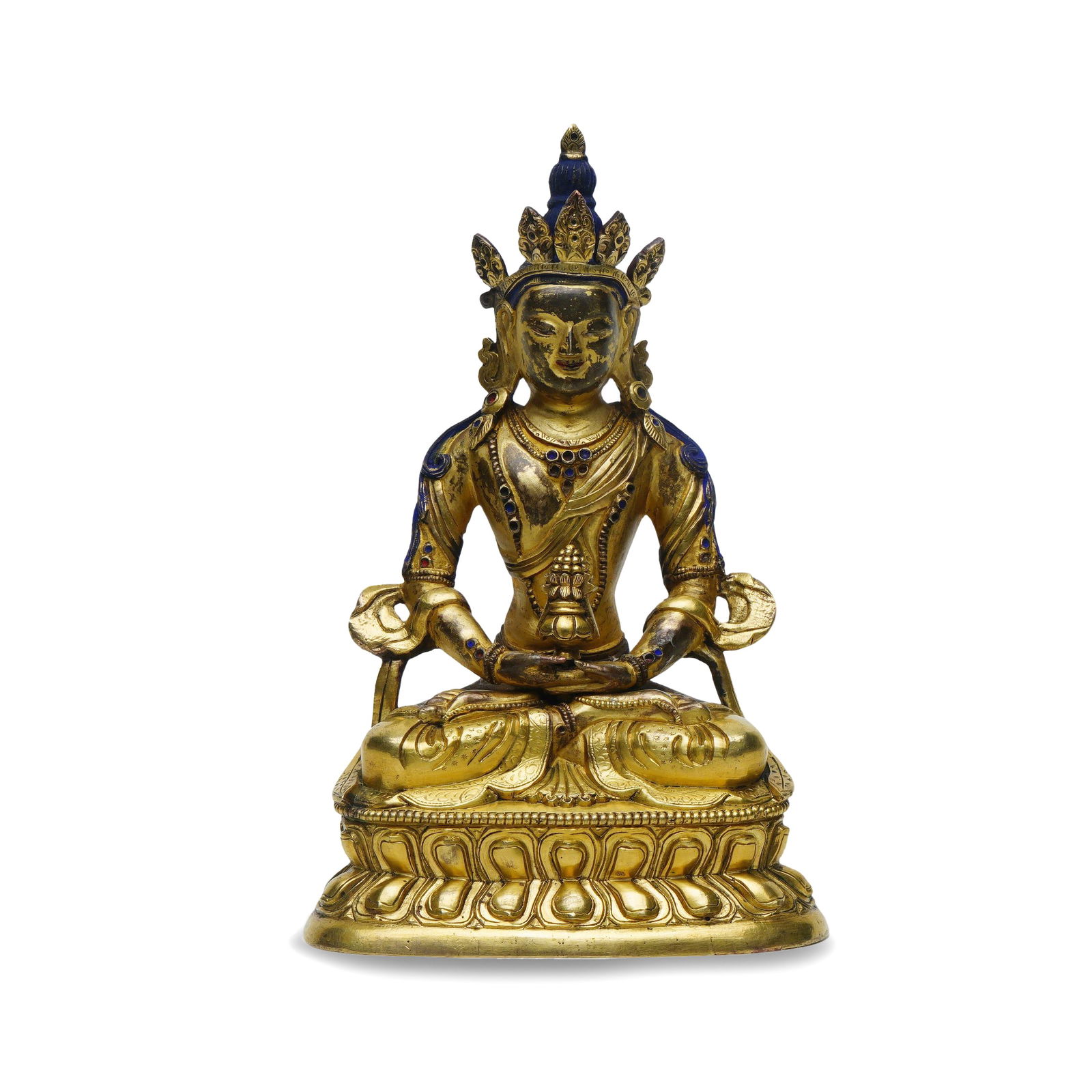 Mid-Qing Dynasty Gilt-Bronze Inlaid Gem Amitayus Seated Buddha: H :18cm W :11.5cm This seated Buddha is an Amitayus figure in the Tibetan Buddhist style from the mid-Qing Dynasty, entirely crafted using gilt-bronze technique with a thick, lustrous layer of gold th