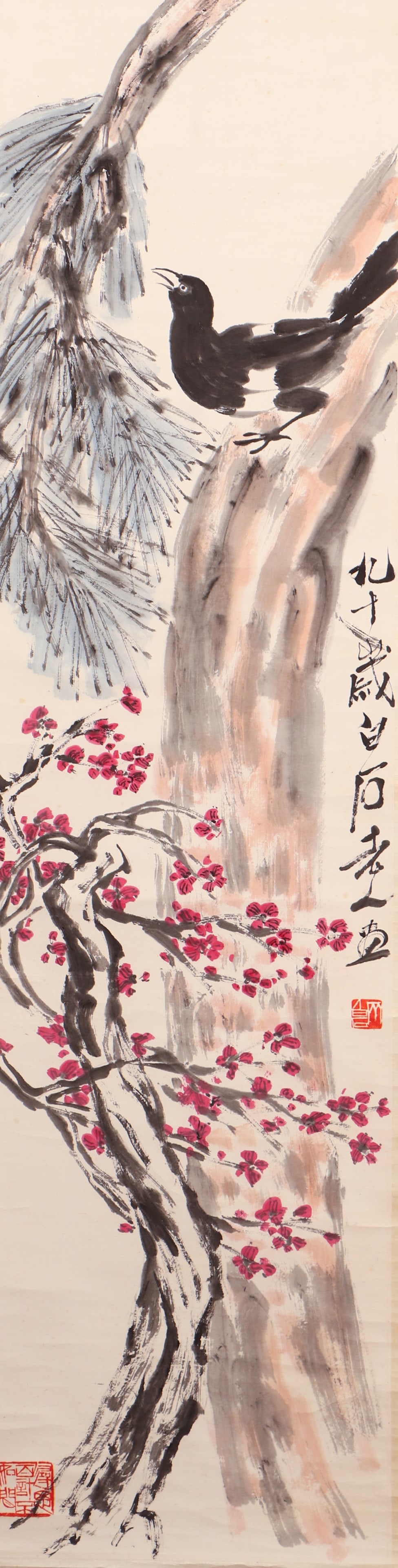 Qi Baishi - Flower and Bird Painting, Scroll, Ink and Color on Silk (1 of 5)