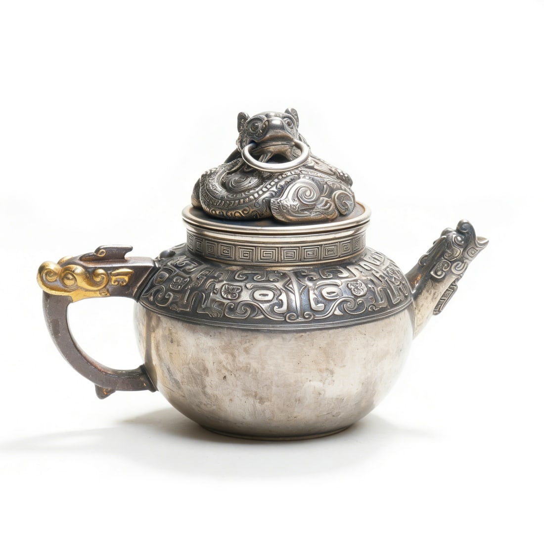 Qing Dynasty Silver-Inlaid Gold Beast-Knob Archaistic Teapot (1 of 2)