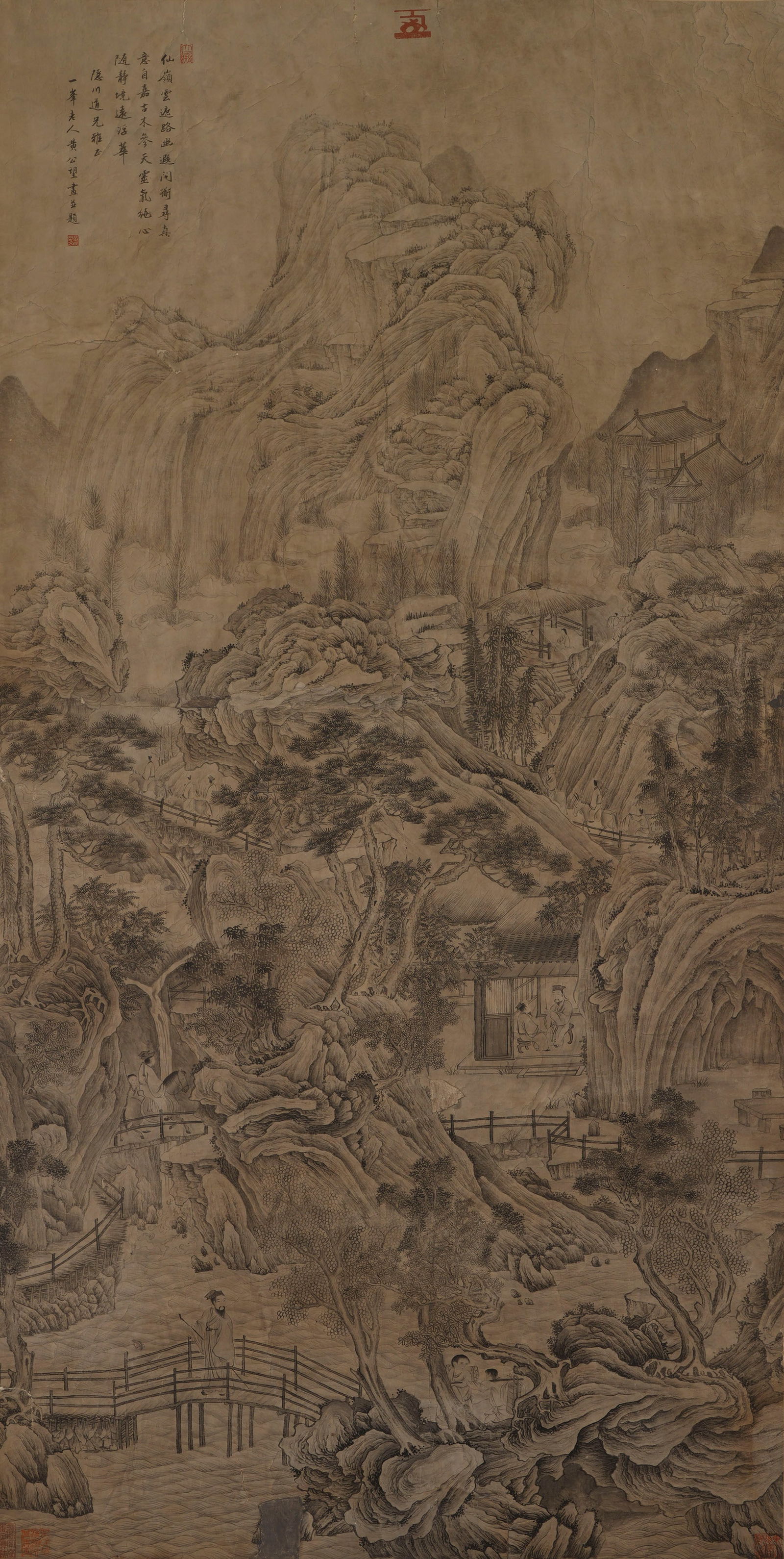 Huang Gongwang, Seeking the Way in the Mountains, Ink on Paper: L :170cm W :86cm Classic landscape work with free and easy brushstrokes, depicting the scene of seeking wisdom in misty mountains