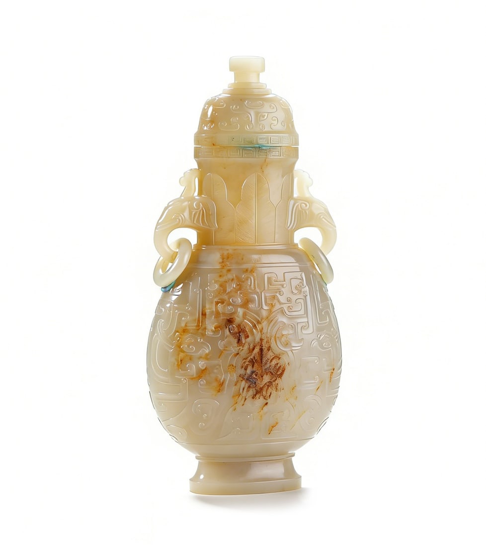 A QING DYNASTY HETIAN WHITE JADE COVERED VASE WITH SKIN, CARVED WITH TAOTIE PATTERNS AND ELEPHANT: H :25cm W :11.5cmWeight :1190.4g This lot is a Qing Dynasty Hetian white jade covered vase with skin, carved with taotie patterns and elephant handles with rings, crafted from top-quality Hetian white