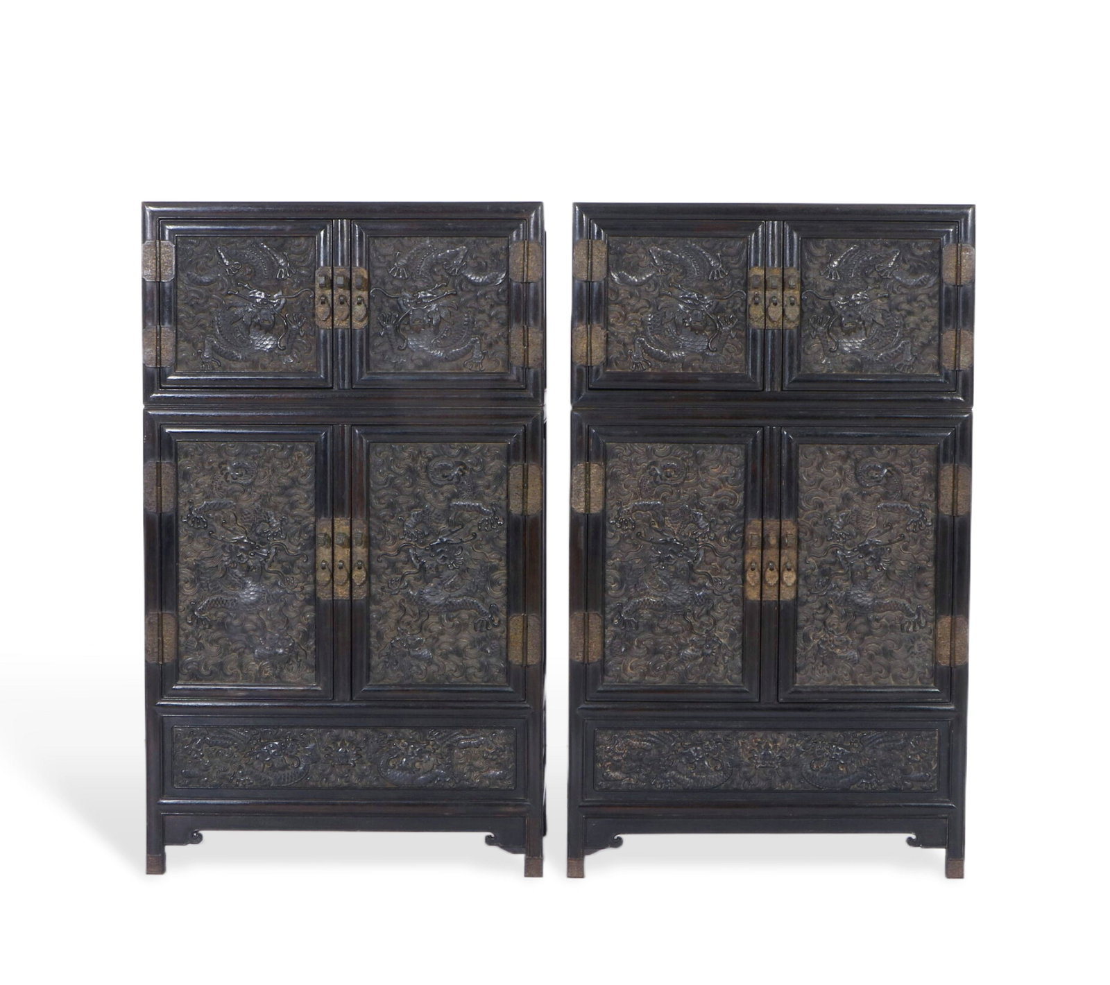 Pair of Zitan Wood Small Cabinets with Dragon Patterns: H :66cmL :39cm W :19cm A pair of Zitan wood small cabinets with dragon patterns. The Zitan wood is dense and heavy (sinking in water) with fine cow-hair-like grains. The cabinet fronts are carved with
