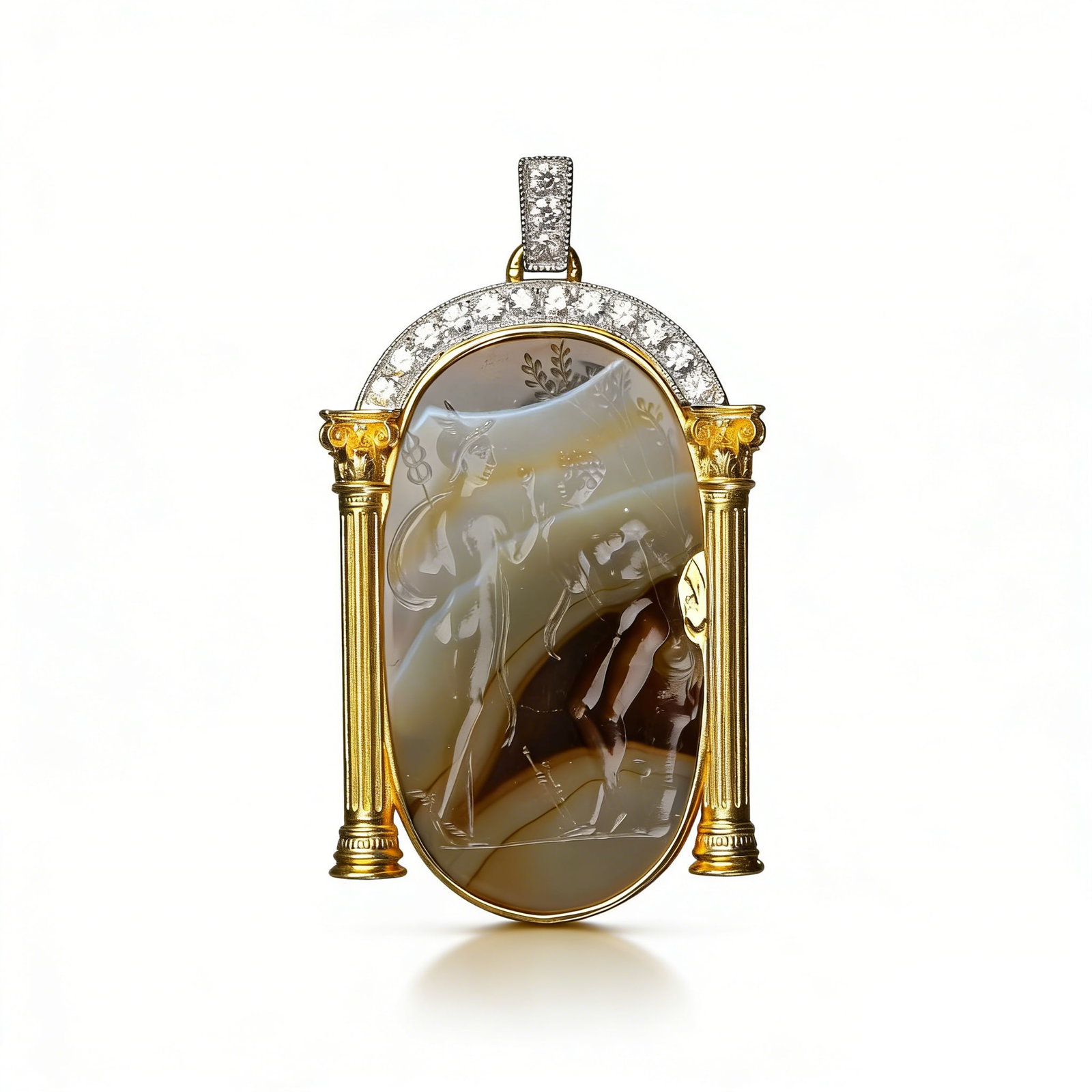 Ancient Greek Period Gold & Diamond Pendant with Agate Intaglio: L :6.7cm W :3.7cm Weight :29.55g An Ancient Greek-style gold and diamond pendant with agate intaglio, crafted in 18K gold with a classic and magnificent frame, fluent lines, consistent with the design
