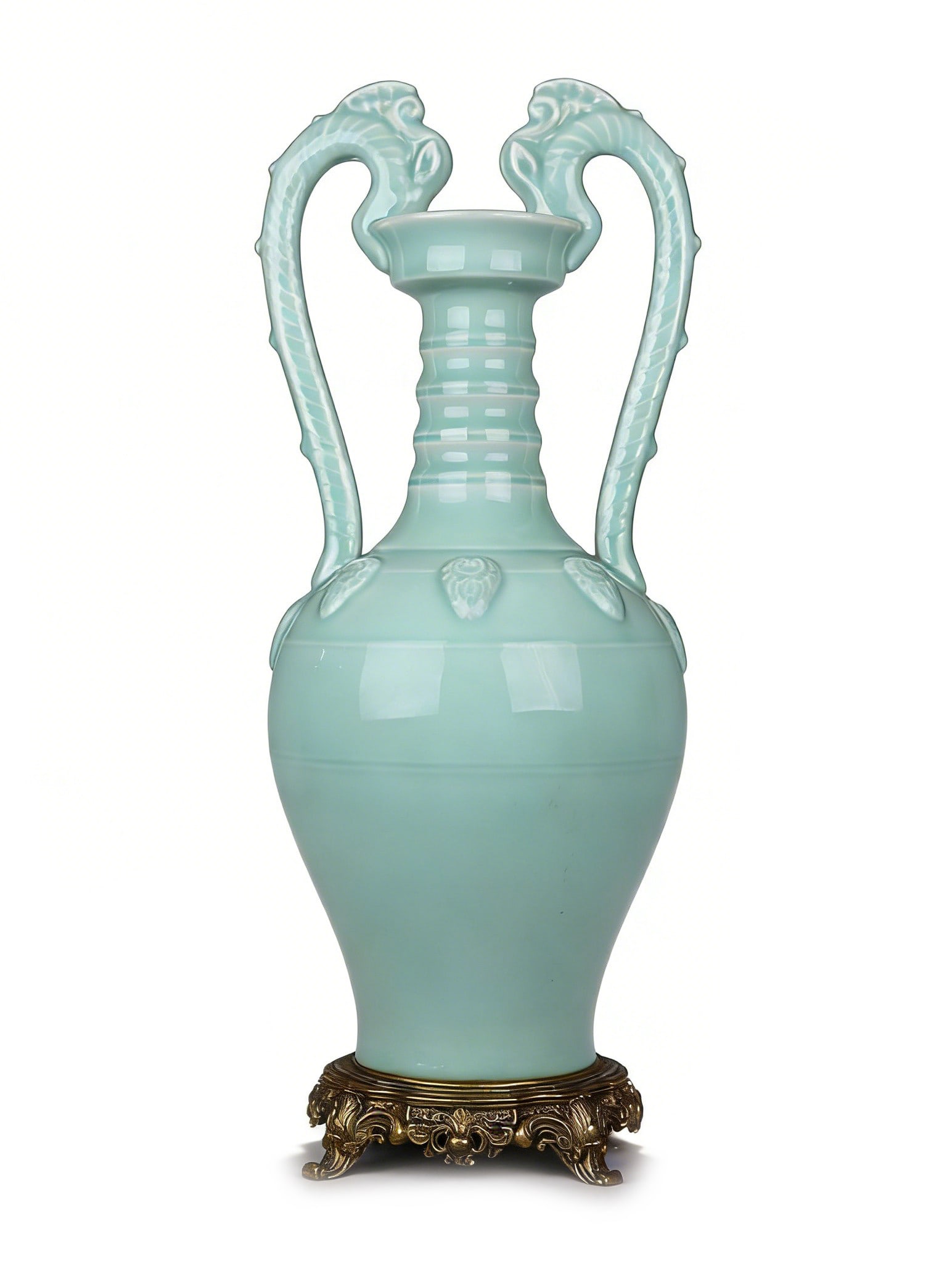 A Fine Chinese Celadon Glazed Porcelain Vase with Dragon-Form Handles: H :58cmD :20cm This elegant vase is a superb example of Qing Dynasty celadon porcelain, distinguished by its refined glaze and mythical decorative elements.