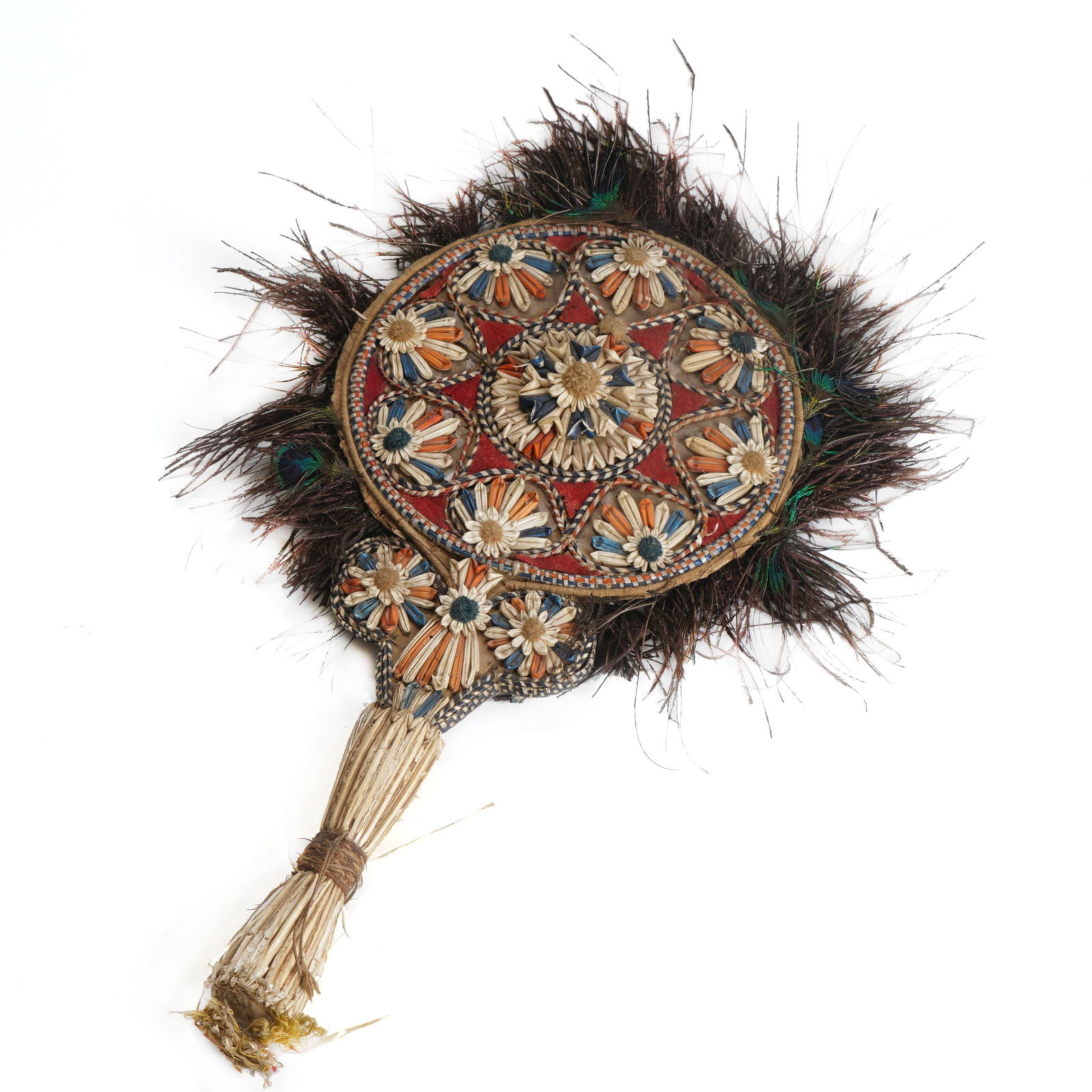 Qing Dynasty Tibetan-Style Butter Sculpture Fan with Feather and Weave Pattern: H :41cm W :25cm This Qing Dynasty Tibetan-Style Butter Sculpture Fan with Feather and Weave Pattern is a fine example of traditional Tibetan craftsmanship. The fan surface is circular, based on red fa