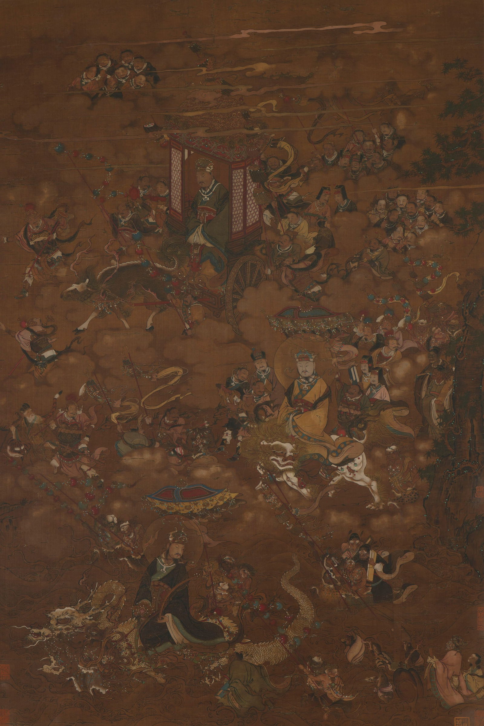 Daoist Immortal Narrative Painting, Scroll, Ink and Color on Silk: L :133cm W :89cm Colorful narrative painting of Daoist immortals, rich in details and vivid character expressions