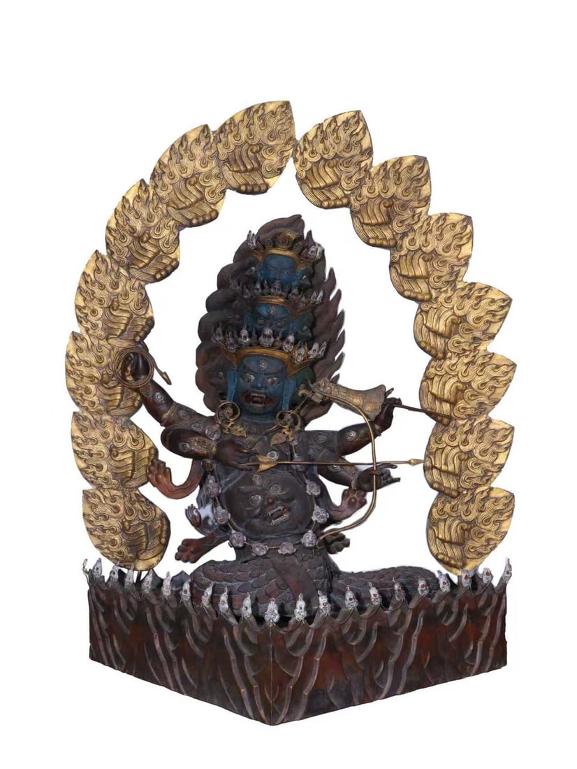 Qing Dynasty Gilt-Bronze Statue of Multi-Armed Dharma Protector: H :150cm W :130cm This Qing Dynasty gilt-bronze statue of Multi-Armed Dharma Protector has a majestic and complex shape. The Dharma Protector is in a multi-armed posture with a flame-patterned