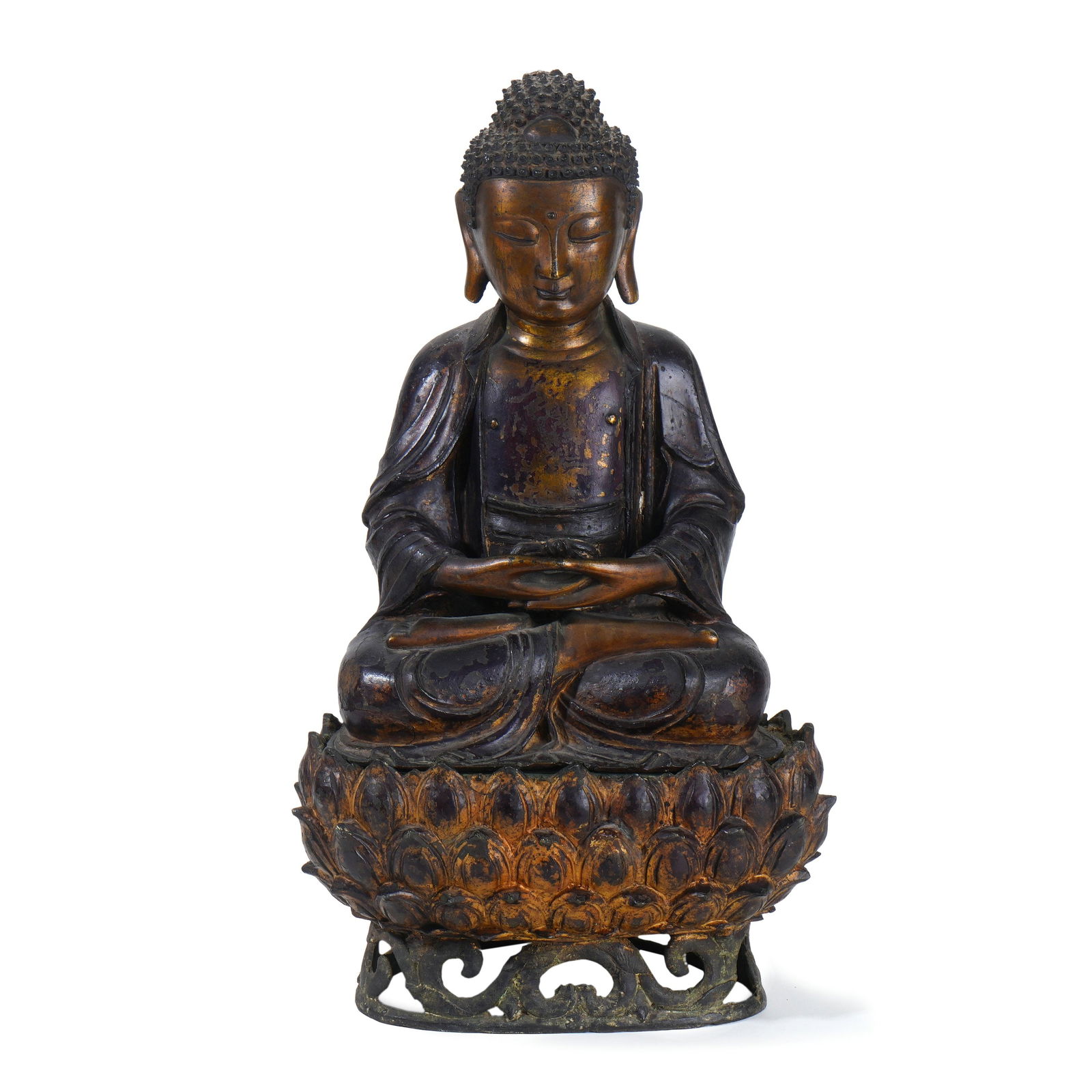 Ming Dynasty Gilt-Lacquered Bronze Seated Sakyamuni Buddha: H :50cm W :28cm This Ming Dynasty Gilt-Lacquered Bronze Seated Sakyamuni Buddha is exquisitely crafted. Made of bronze with partial gilt lacquer, the statue is seated in full-lotus posture on a lotus