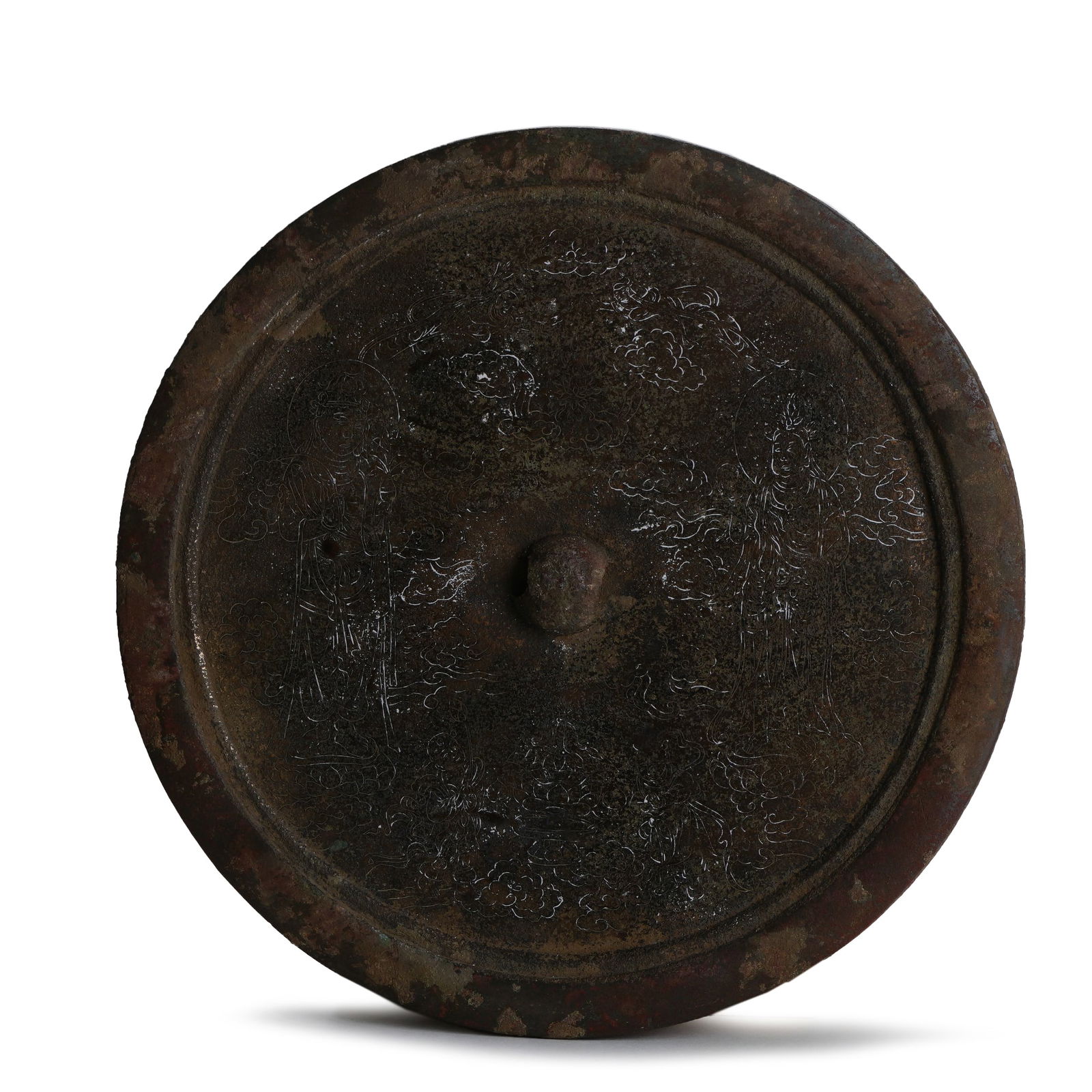Song Dynasty Bronze Mirror with Figure Story Pattern: H :1.5cm W :18.5cm This Song Dynasty Bronze Mirror with Figure Story Pattern is a classic type of Song bronze mirror. It is circular with a round knob; the back of the mirror is decorated with figure