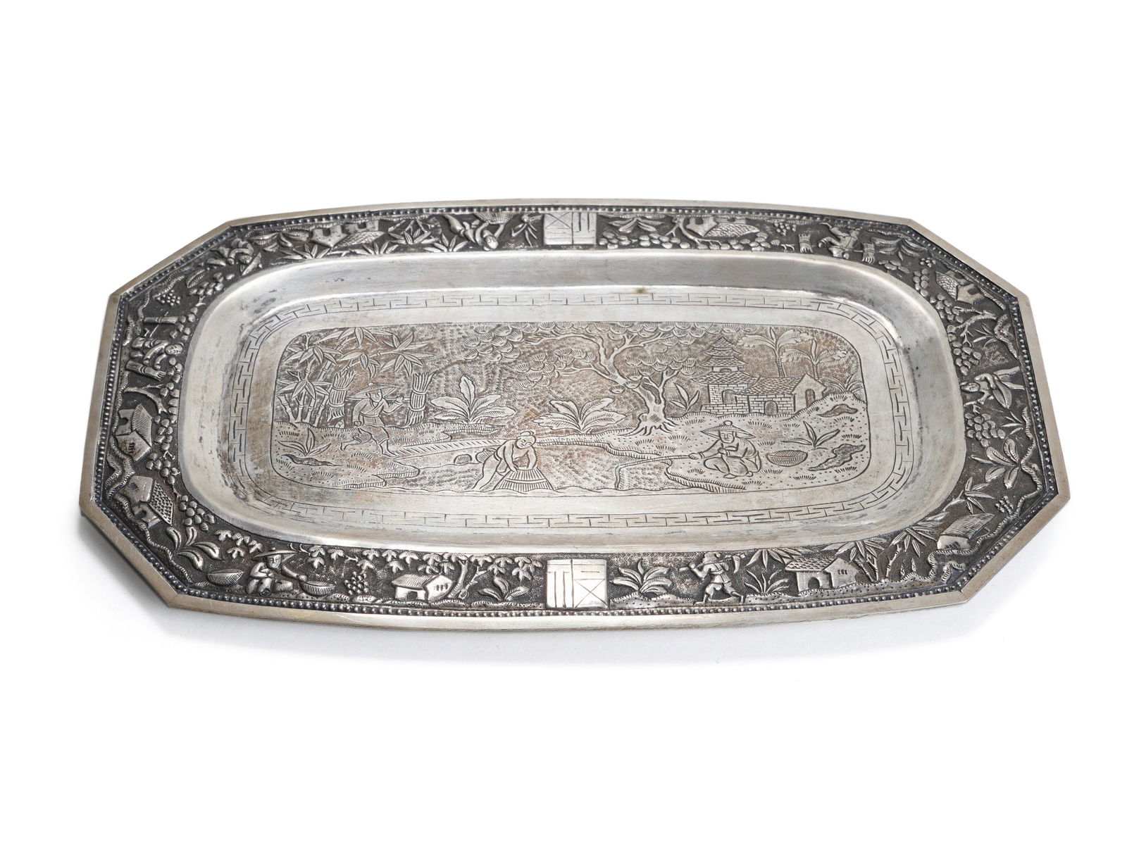 Silver Chiseled Octagonal Tray with Farming Scene Patterns (1 of 2)