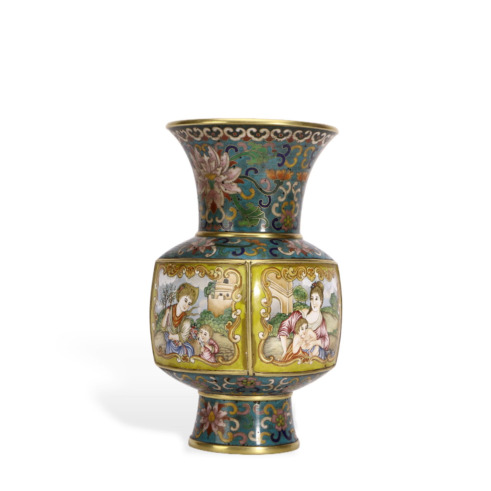 Copper Body Cloisonné Enamel Zun Vase with Figure Patterns: H :18cm W :10cm A copper body cloisonné enamel Zun vase with figure patterns (18cm in height), featuring a flared mouth, constricted neck, bulging belly and ring foot, conforming to mid-Qing dynasty