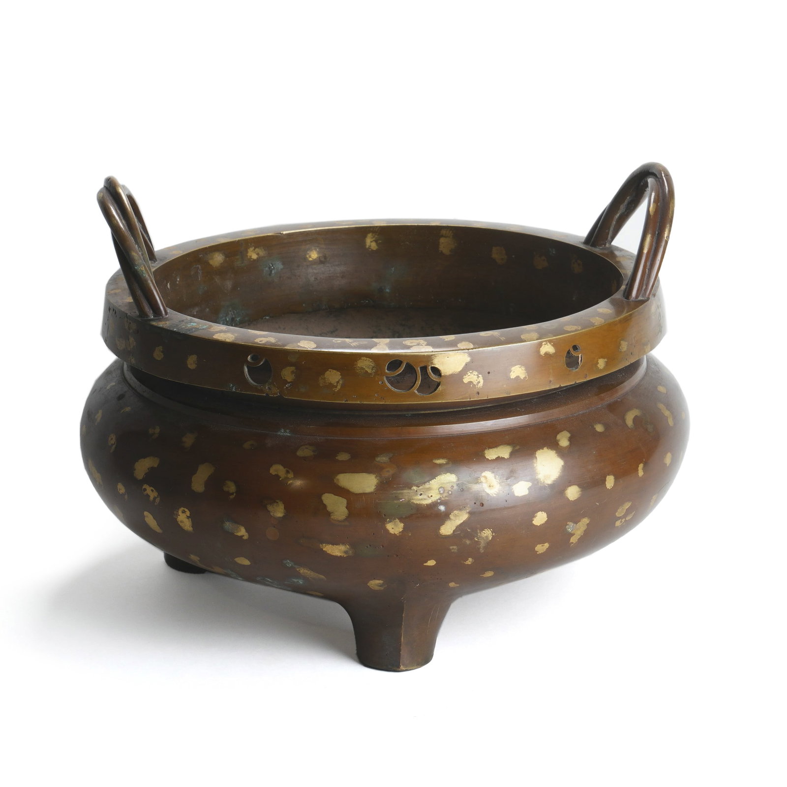 Qing Dynasty Gold-Splashed Bronze Tripod Censer with Rope Handles: H :22cm W :28.5cm This Qing Dynasty Gold-Splashed Bronze Tripod Censer with Rope Handles is a classic type of Qing bronze censer. It follows the tripod censer form (flared rim, bulging belly, three le