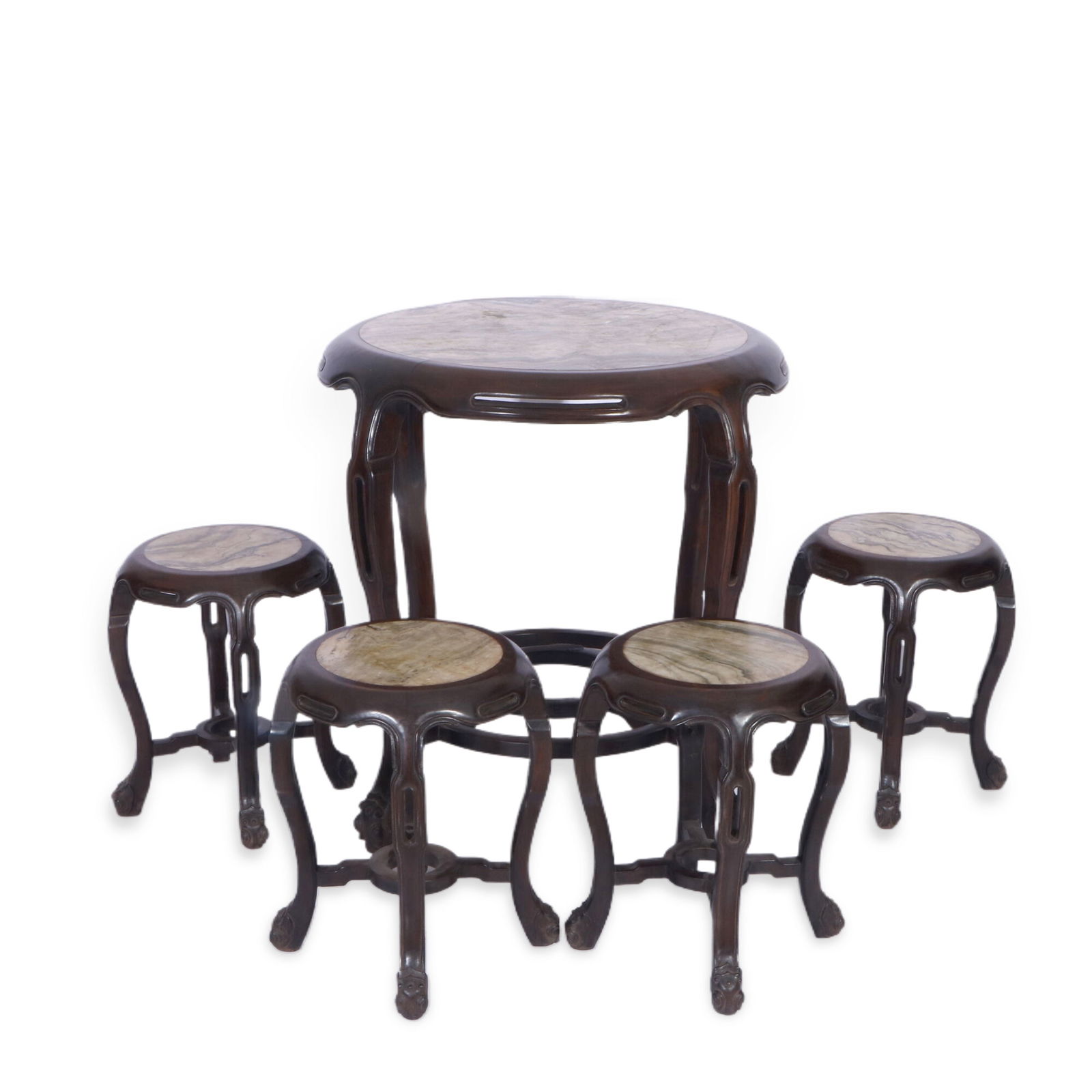 Set of Five Hongmu Wood Round Table with Marble Inlay and Stools: ???H :81cm W :77cm ???H :46cm W :36cm A set of five Hongmu wood round table with marble inlay and stools. The round tabletop is made of joined Hongmu wood with symmetrical and beautiful grain, inlaid