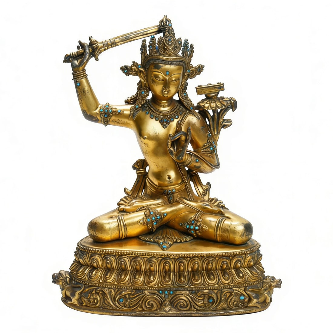 Qing Dynasty Gilt-Bronze Manjushri Statue Inlaid with Turquoise: H :8.7cm W :9.5cm This Qing Dynasty Gilt-Bronze Manjushri Statue Inlaid with Turquoise is a fine Tibetan Buddhist statue. Fully gilt-bronze (copper base), inlaid with turquoise (lustrous color, exquis