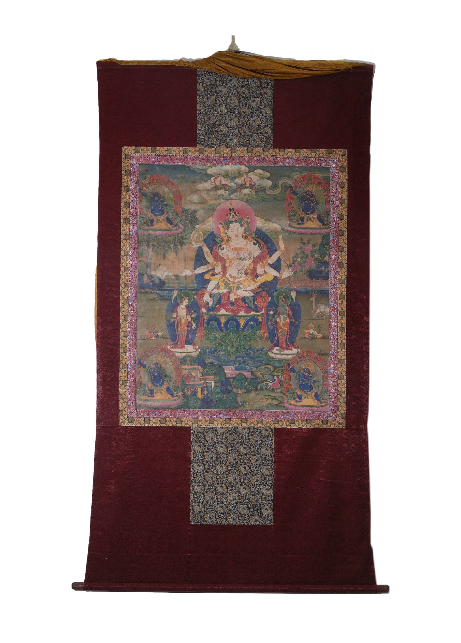 Qing Dynasty Thangka of Eight-Armed Avalokiteshvara and Retinue Painted with Mineral Pigments (1 of 8)